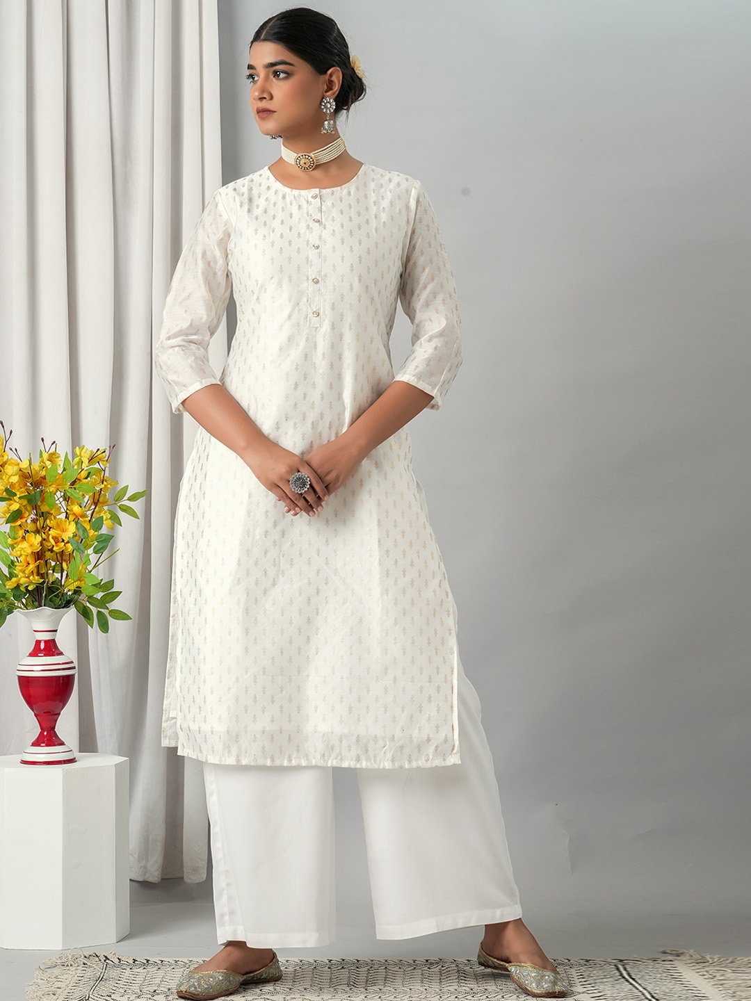 

HERE&NOW Ethnic Motifs Printed Kurta with Palazzos, Off white