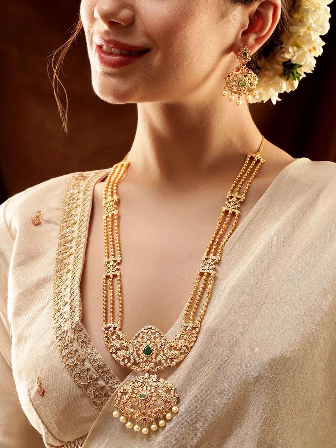 

Rubans 22K Gold-Plated Ruby Pink, Emerald & Cubic Zirconia Studded Necklace Set with Pearl