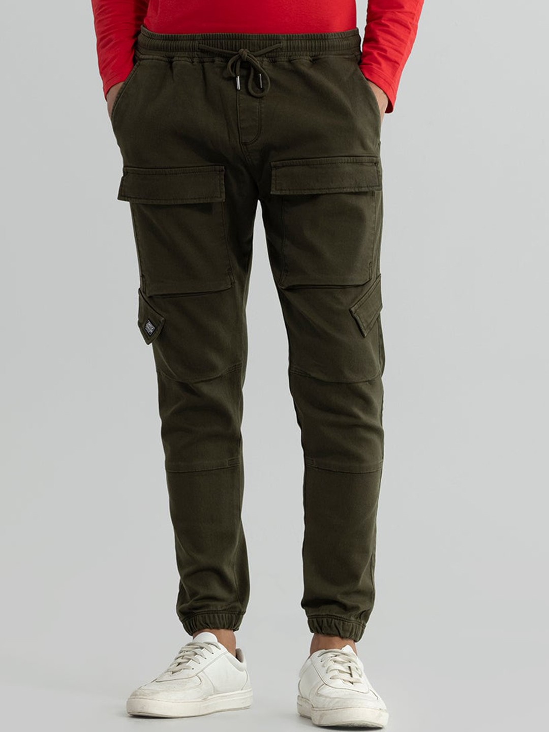 

Snitch Men Olive Green Smart Slim Fit Cotton Cargos Trousers