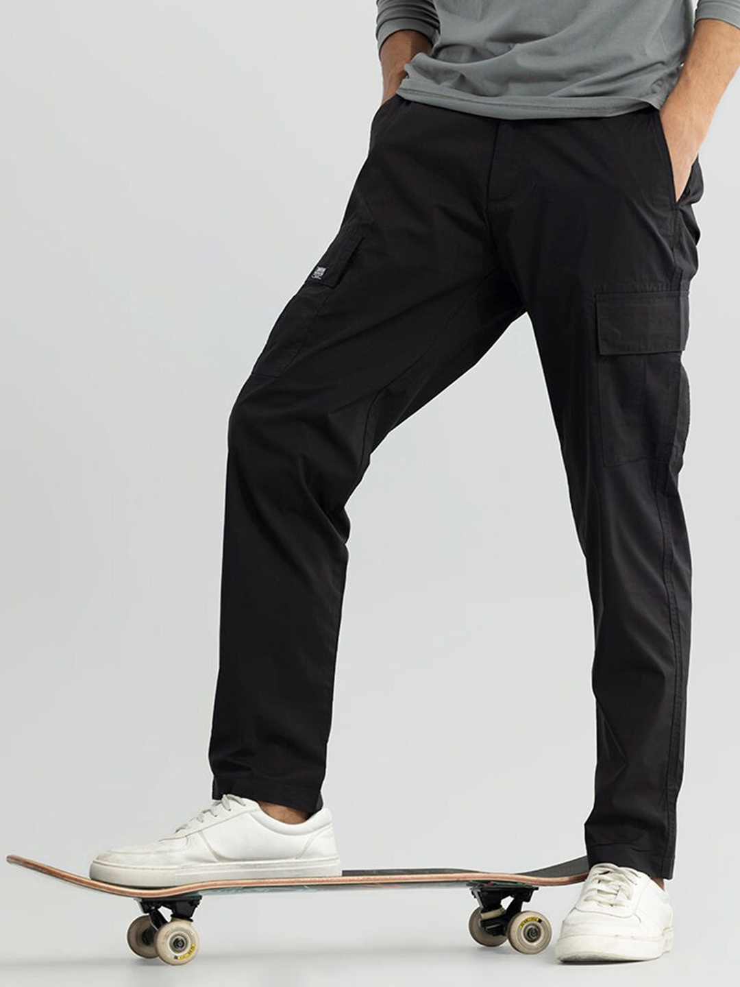 

Snitch Men Black Smart Straight Fit Cotton Cargos Trousers