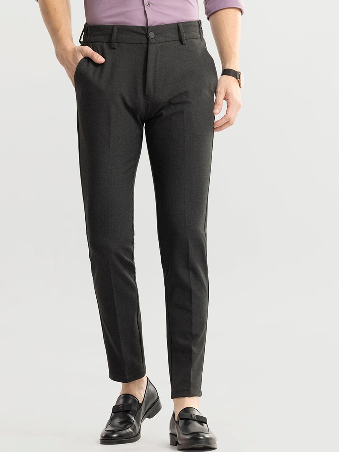 

Snitch Men Black Smart Slim Fit Cropped Cotton Formal Trousers