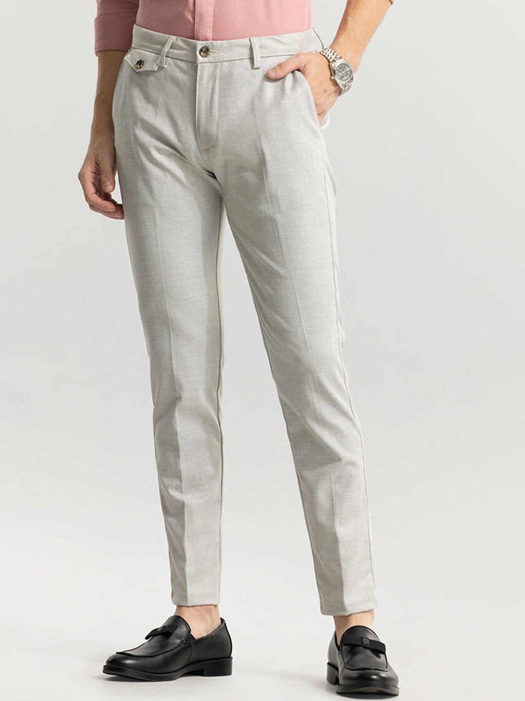 

Snitch Grey Men Mid-Rise Smart Slim Fit Cotton Trousers