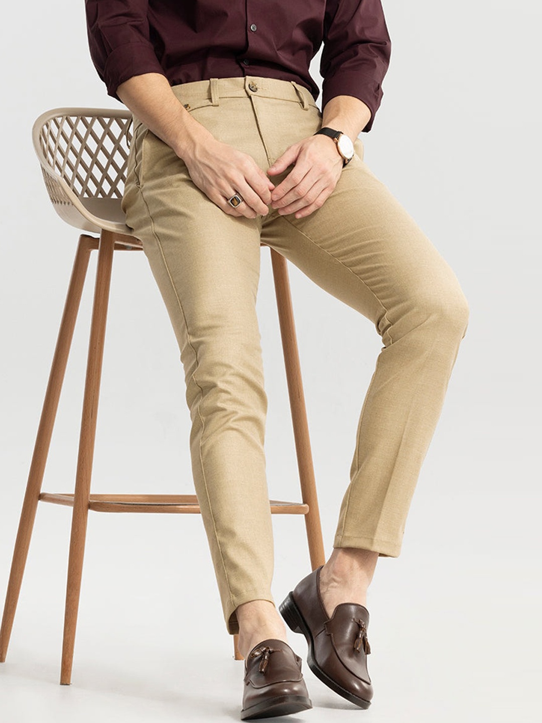 

Snitch Men Beige Smart Slim Fit Plain Cotton Formal Trousers