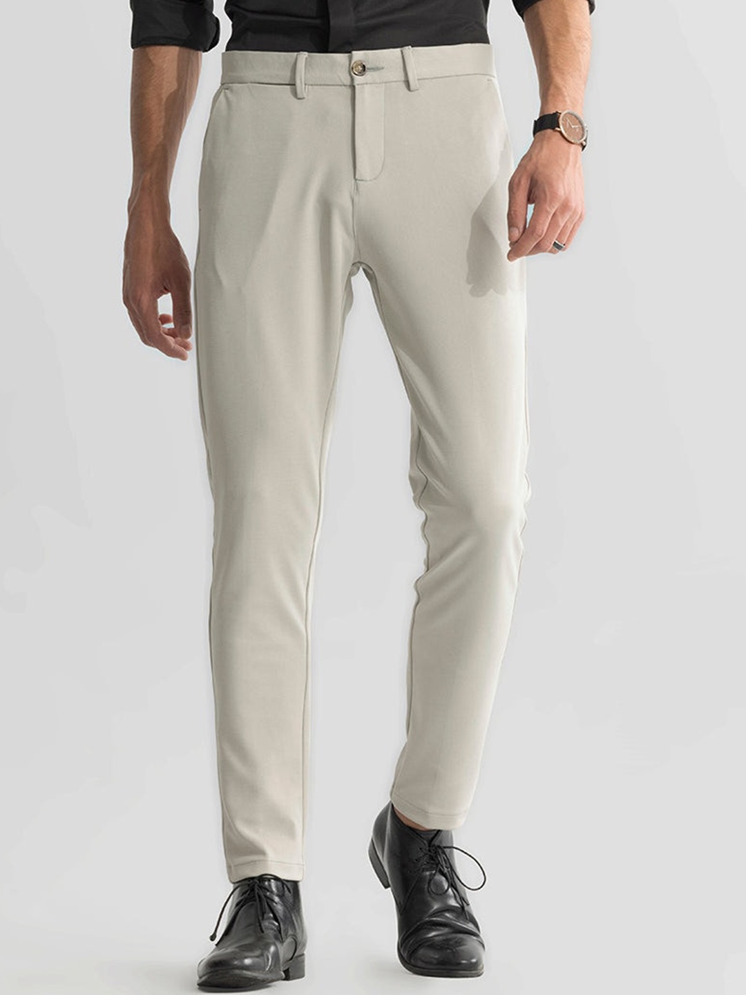

Snitch Men Cream Mid Rise Smart Slim Fit Cotton Formal Trousers