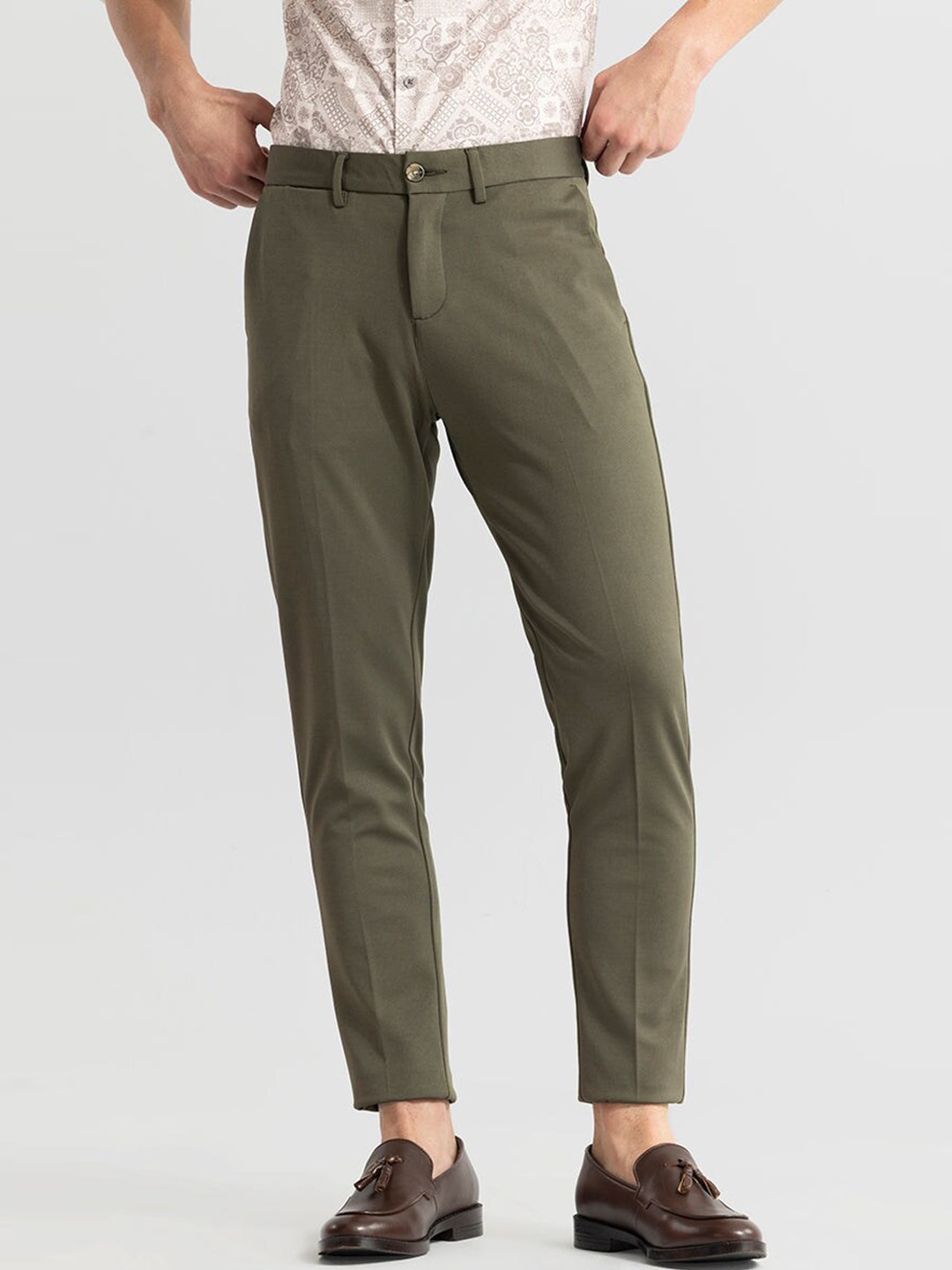 

Snitch Men Olive Green Smart Slim Fit Cotton Formal Trousers