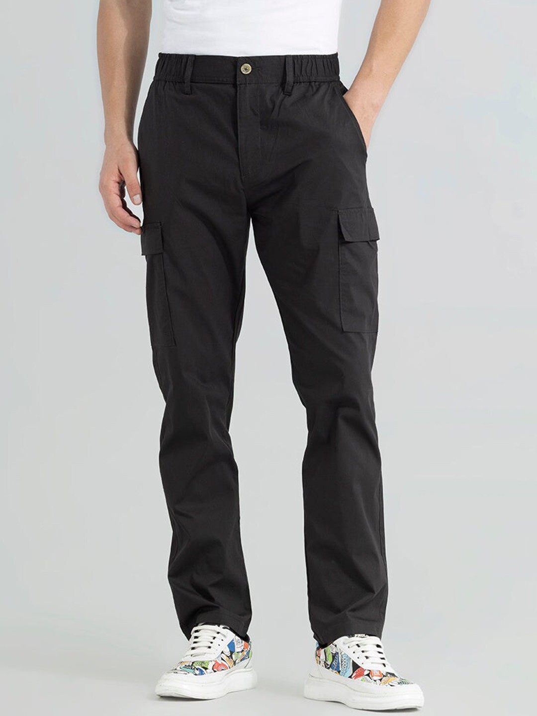 

Snitch Men Black Smart Straight Fit Cotton Stretchable Cargos Trousers