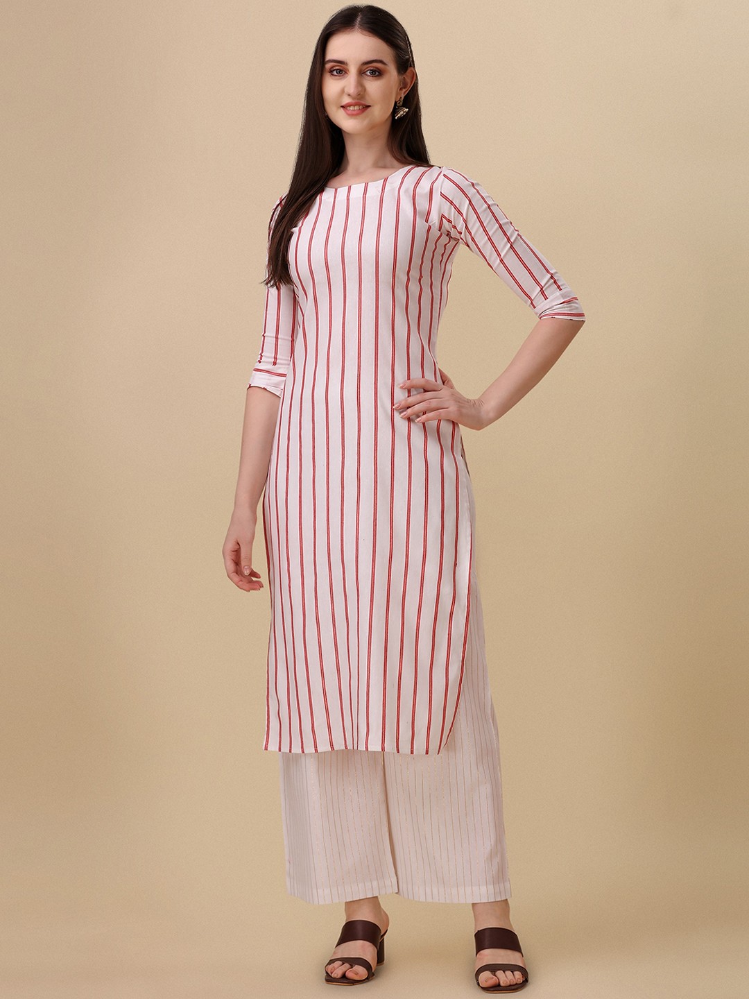 

Wedani Striped Round Neck Cotton Kurta, Red