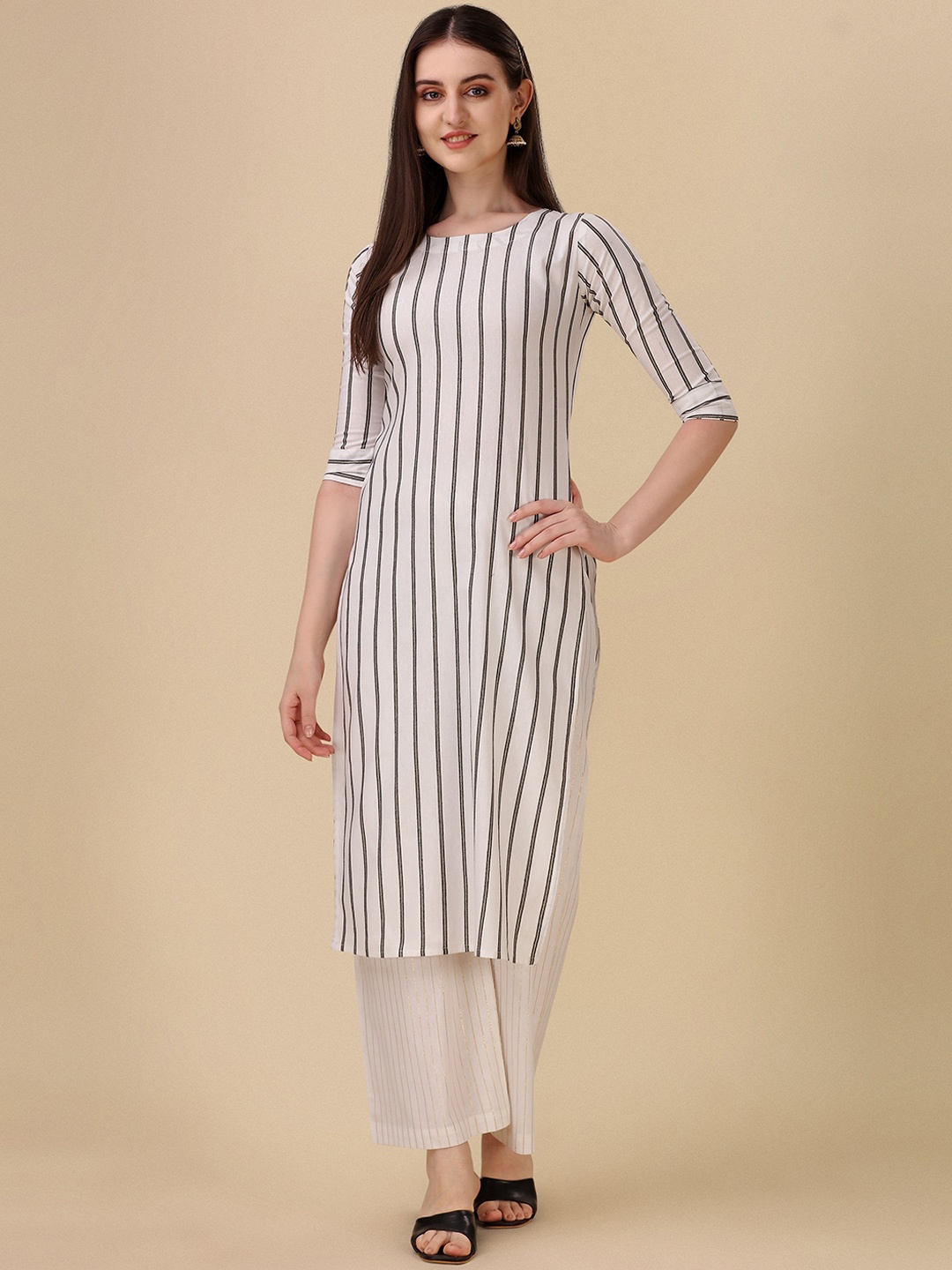 

Wedani Striped Round Neck Cotton Kurta, Black