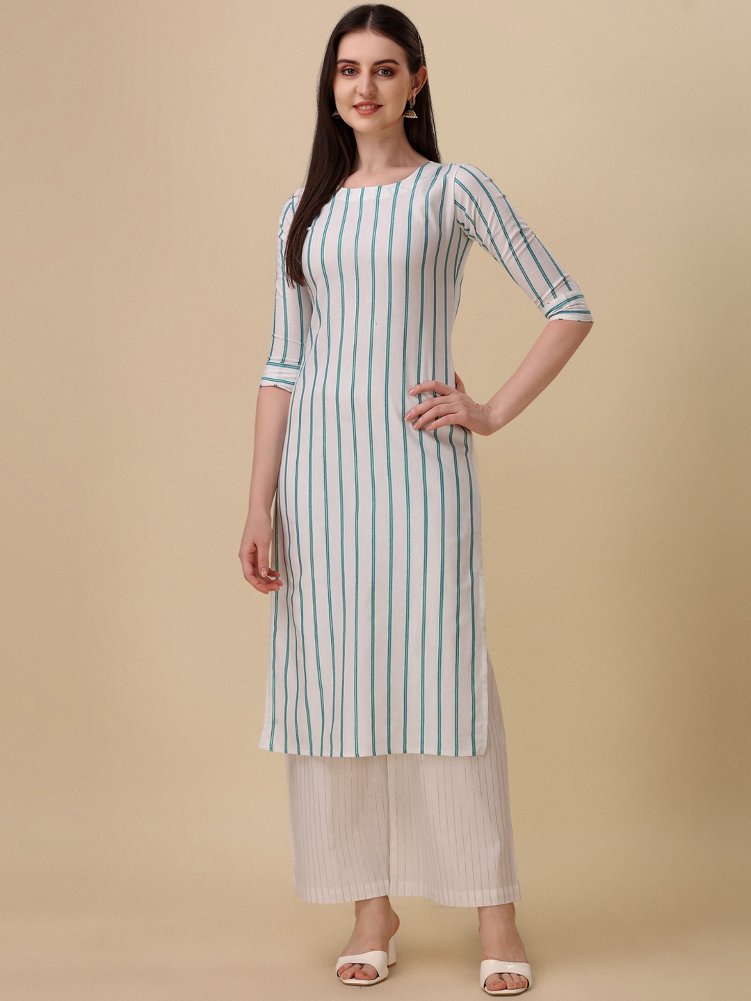 

Wedani Striped Cotton Straight Kurta, Green