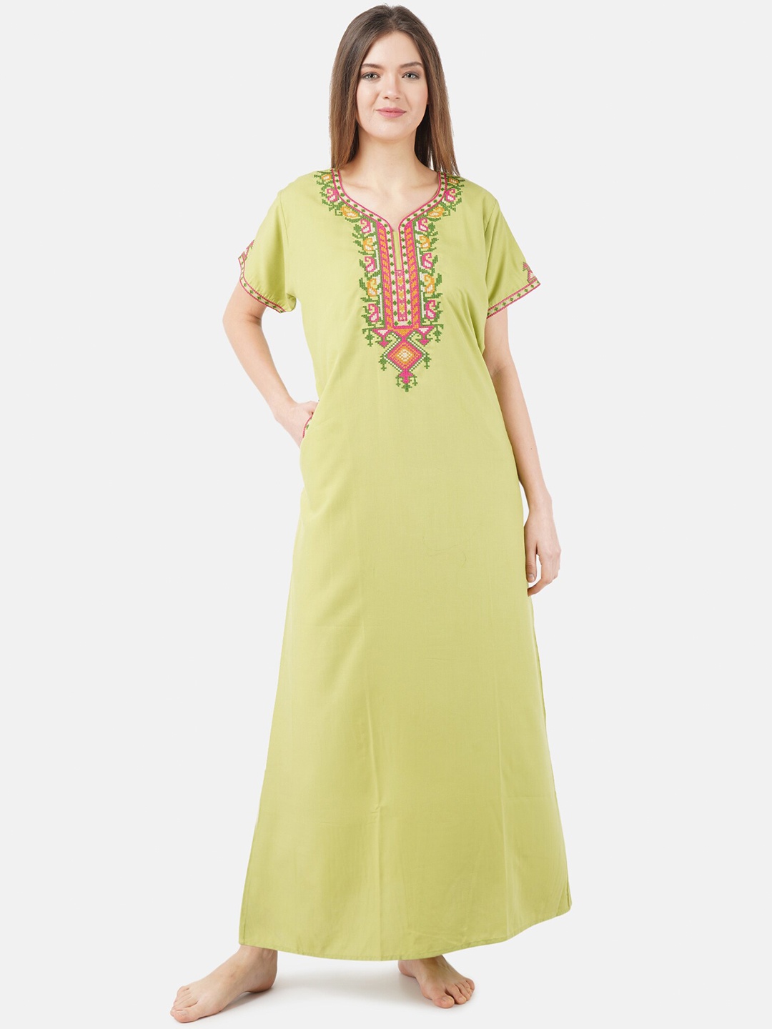 

KOI SLEEPWEAR Ethnic Motifs Embroidered Maxi Everyday Nightdress, Green