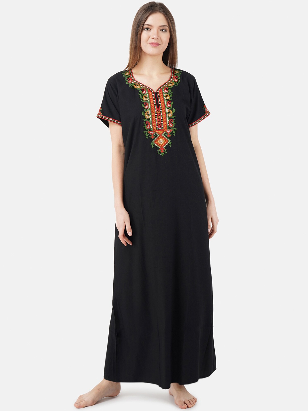 

KOI SLEEPWEAR Ethnic Motifs Embroidered Maxi Everyday Nightdress, Black