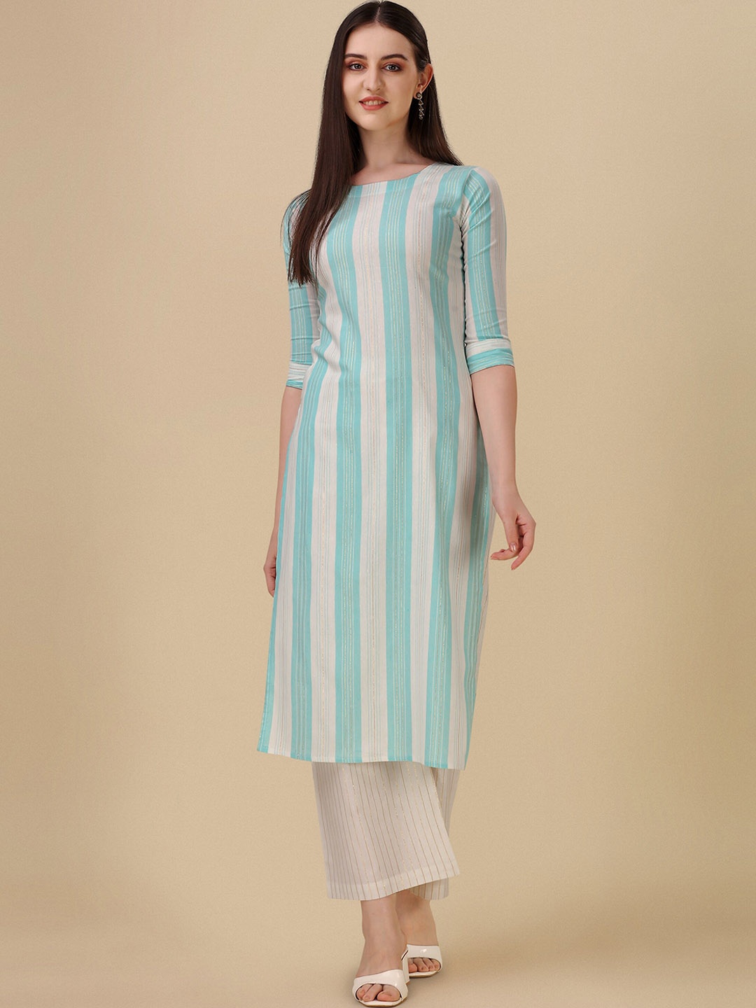 

Wedani Striped Round Neck Cotton Straight Kurta, Blue