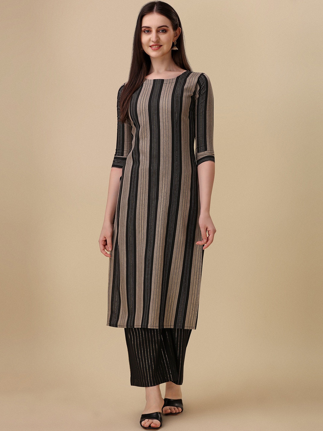 

Wedani Striped Round Neck Cotton Straight Kurta, Beige