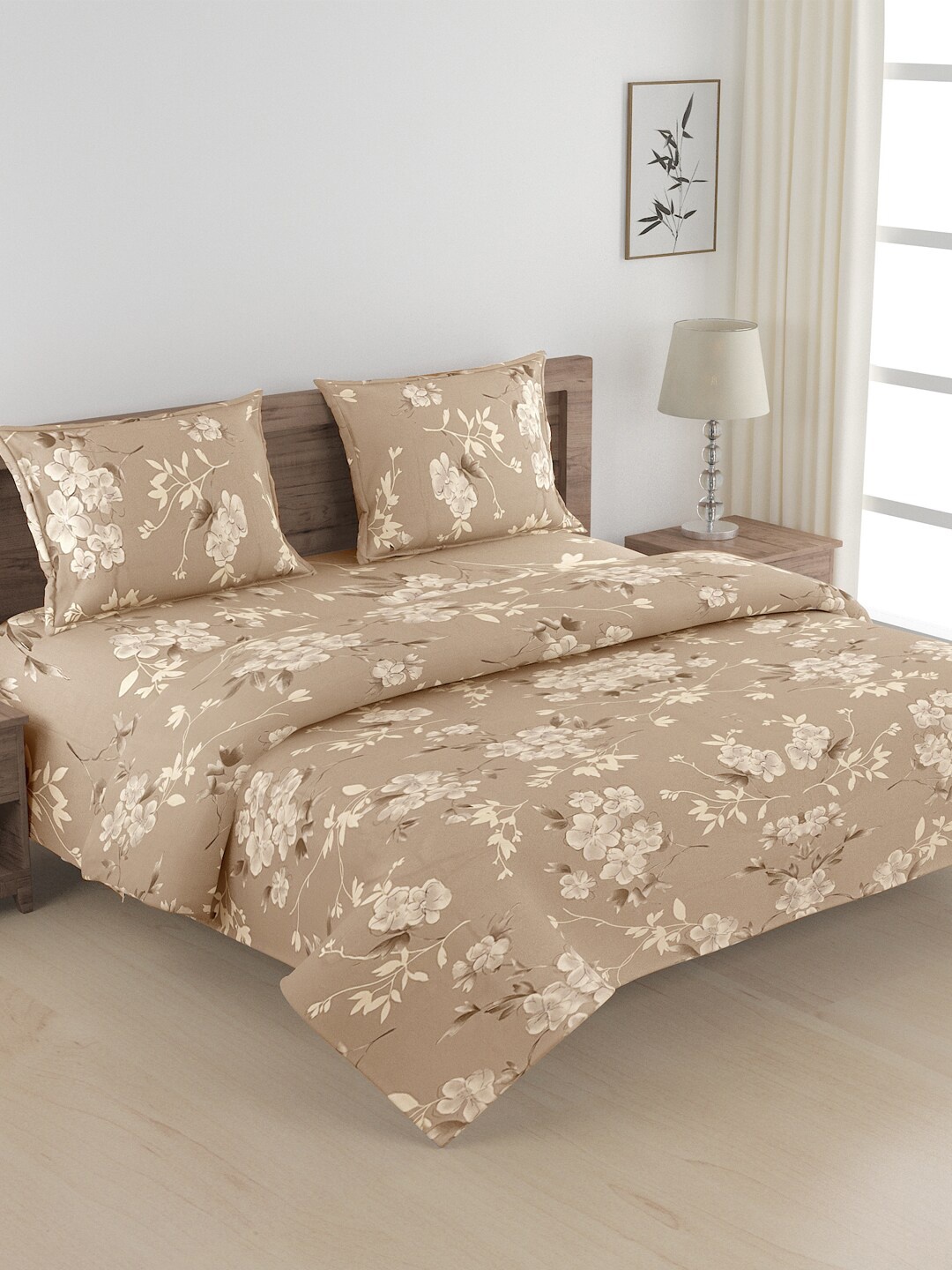 

SWAYAM Beige Floral Printed Cotton Superfine Double Queen Bedding Set