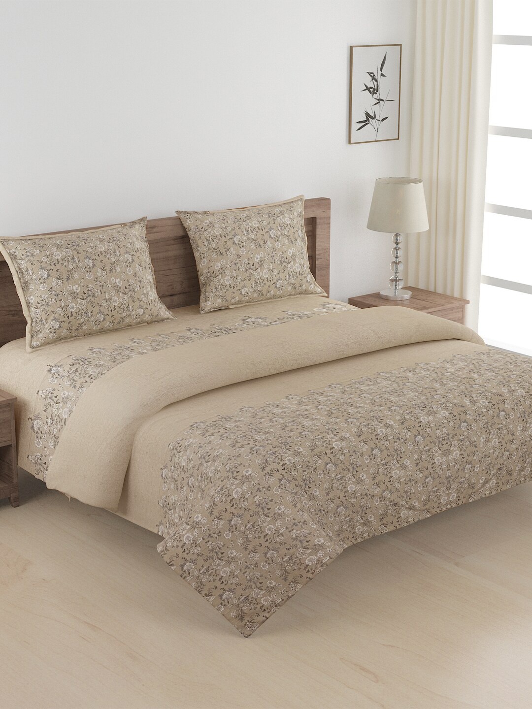 

SWAYAM Beige & White Floral Printed Cotton Regular Double Queen Bedding Set