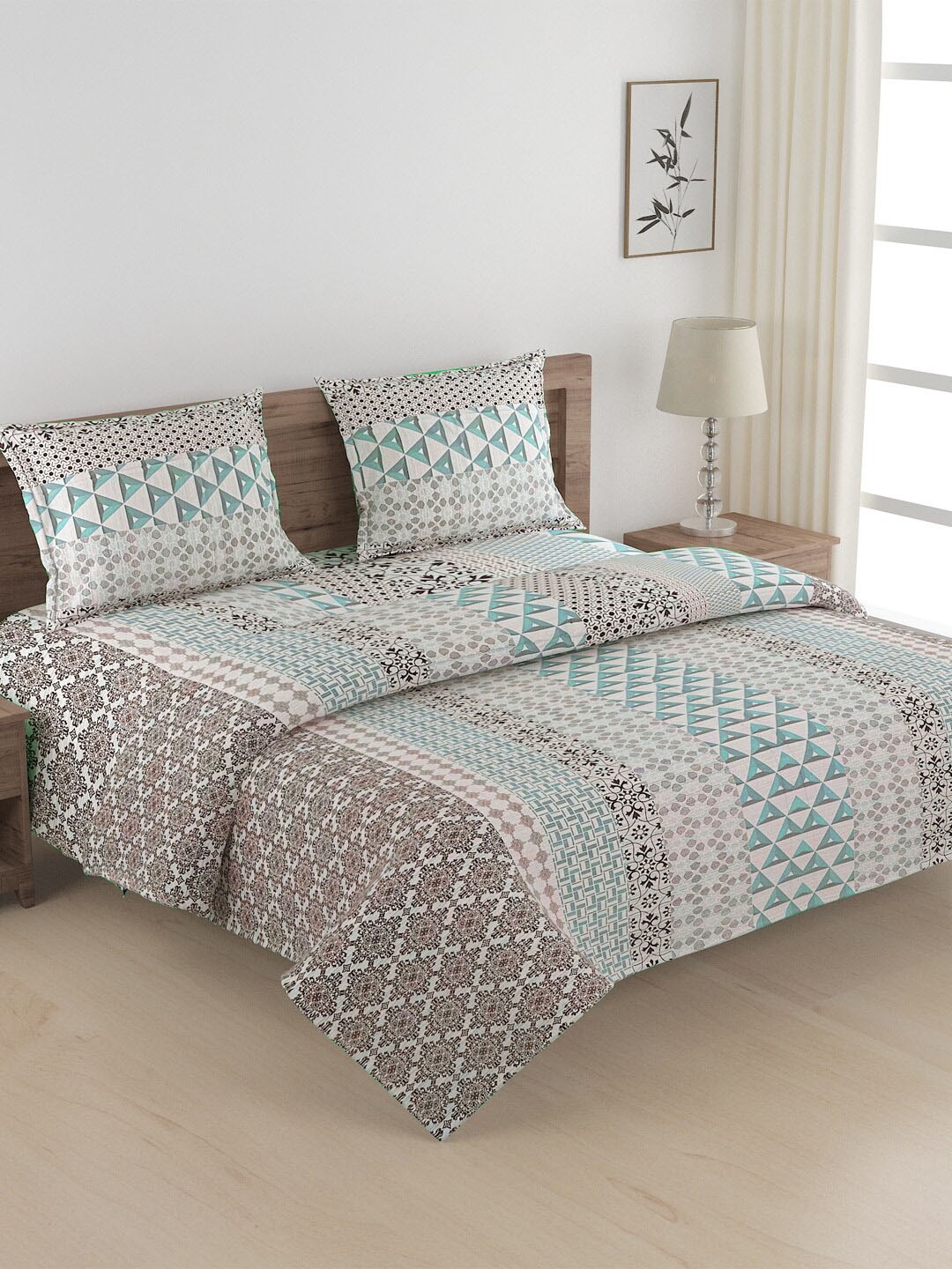 

SWAYAM Blue & Off White 4-Pieces Printed Cotton Double Queen Bedding Set