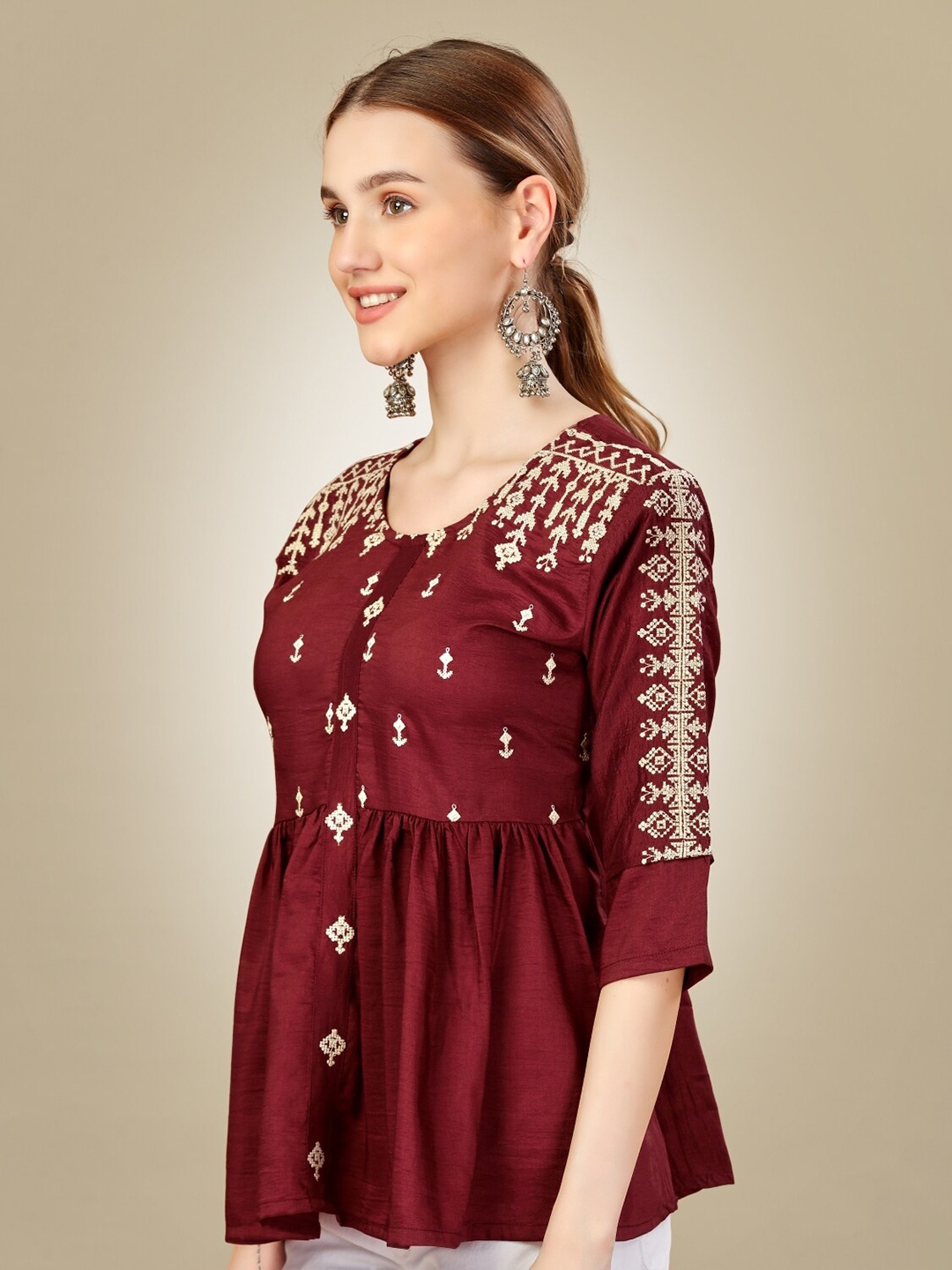 

Anouk Rust Ethnic Motifs Embroidered Round Neck Thread Work A-Line Kurti