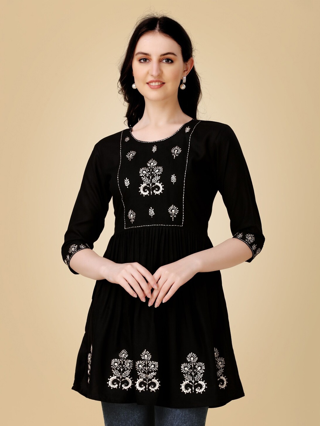 

Anouk Black Floral Embroidered Round Neck Thread Work A-Line Kurti