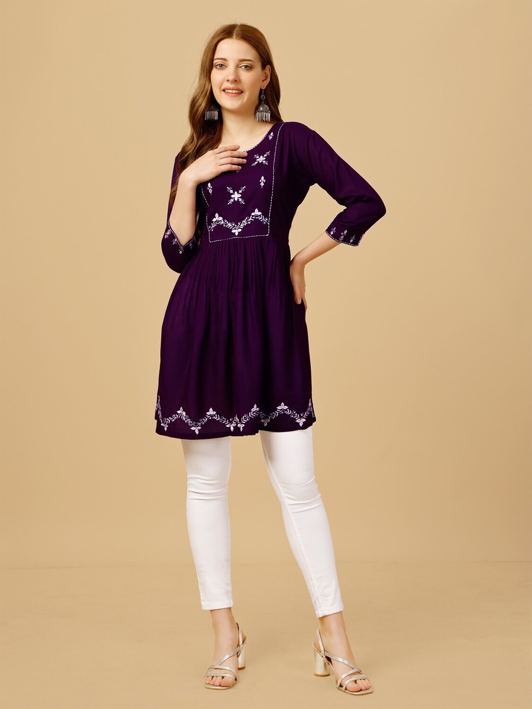 

Anouk Purple Floral Embroidered A-Line Sequined Kurti