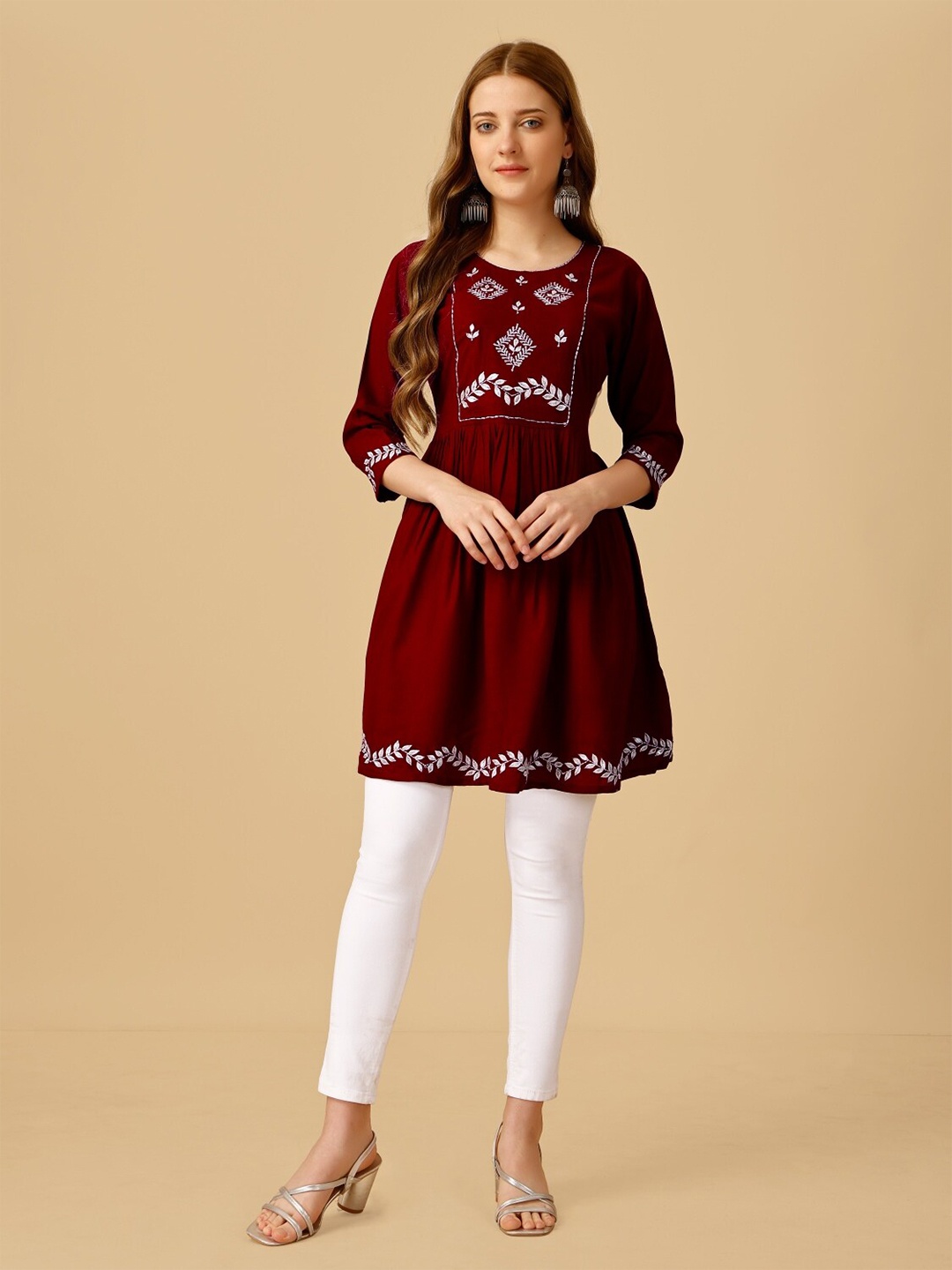 

Anouk Maroon Floral Embroidered Round Neck Thread Work A-Line Kurti