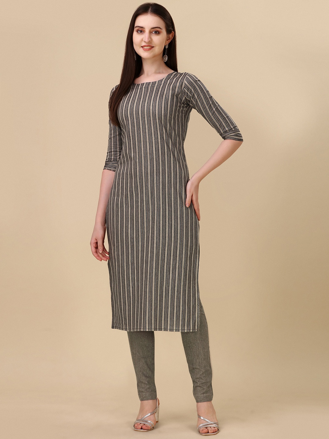 

Wedani Striped Cotton Straight Kurta, Beige