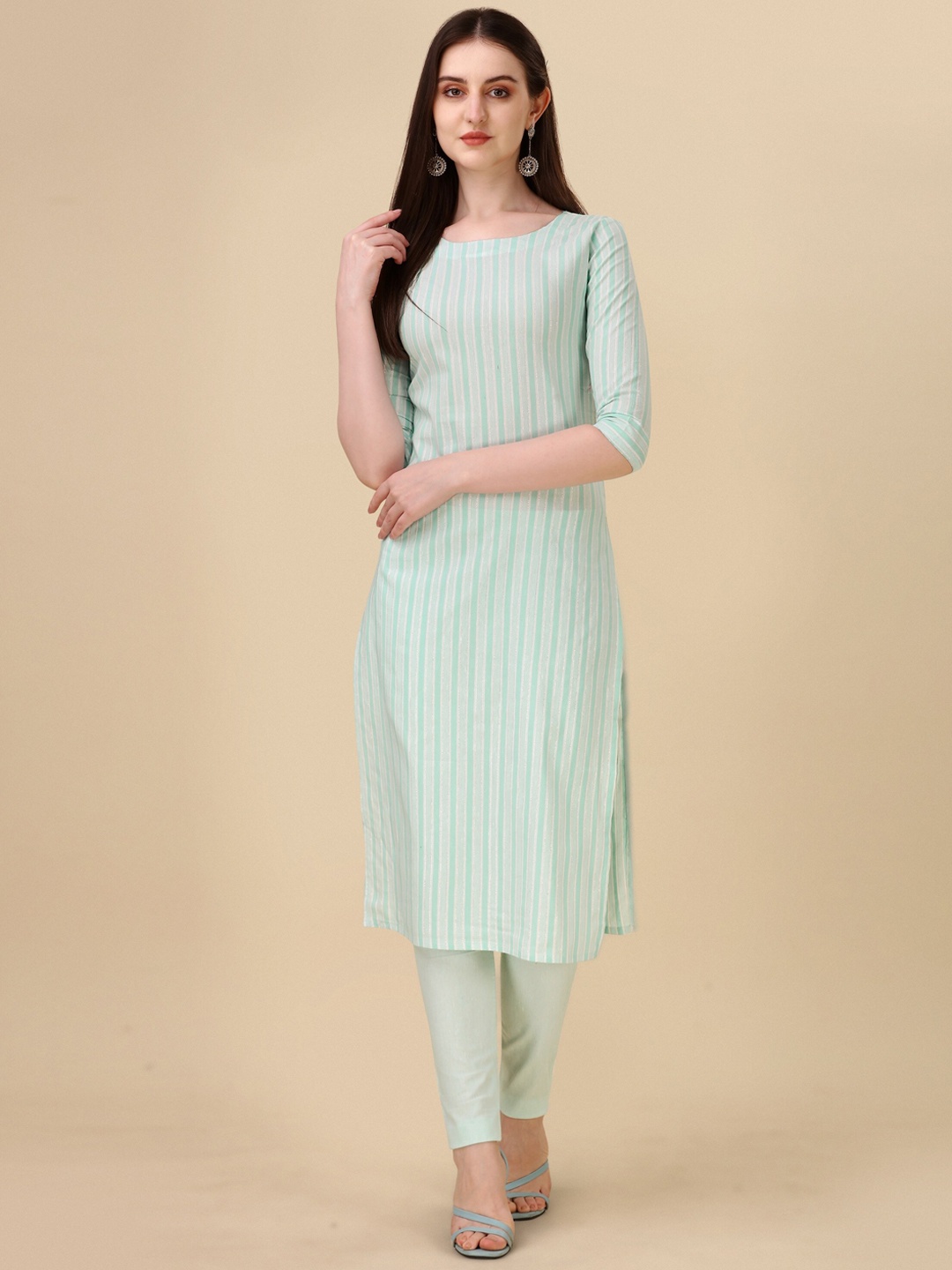 

Wedani Striped Cotton Straight Kurta, Sea green