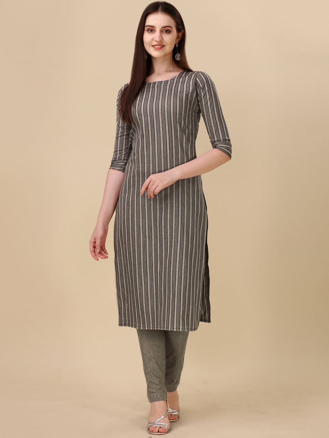 

Wedani Round Neck Striped Straight Cotton Kurta, Khaki