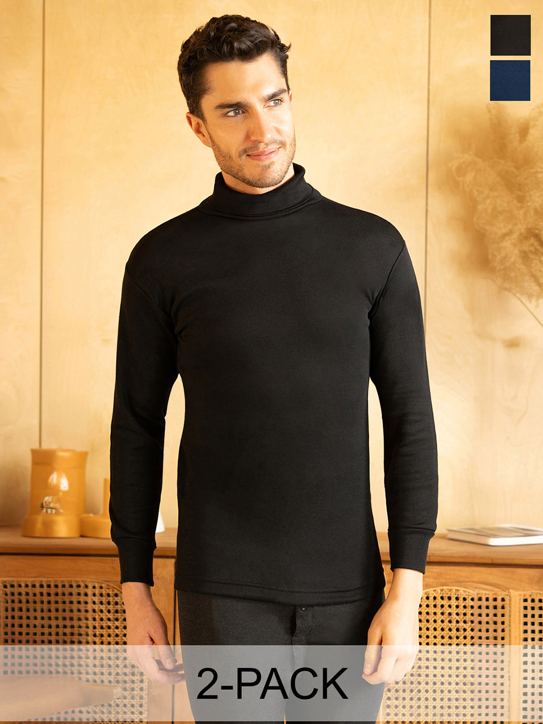 

Lux Cottswool Pack of 2 High Neck Thermal Tops, Black