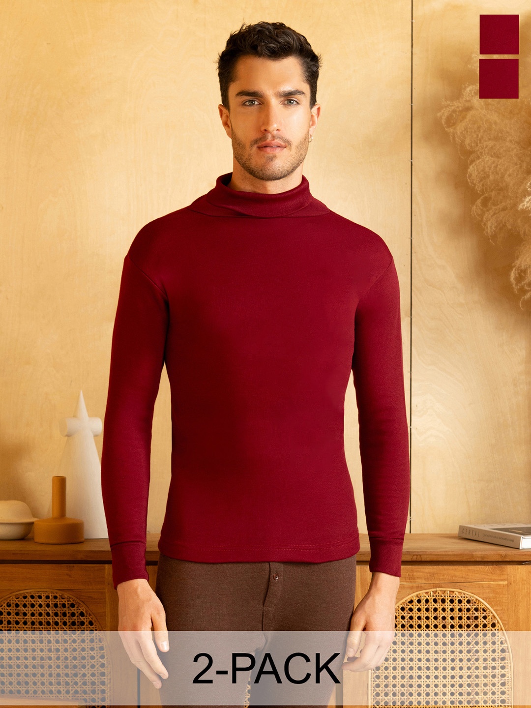 

Lux Cottswool Pack Of 2 High Neck Wool Cotton Thermal Tops, Maroon