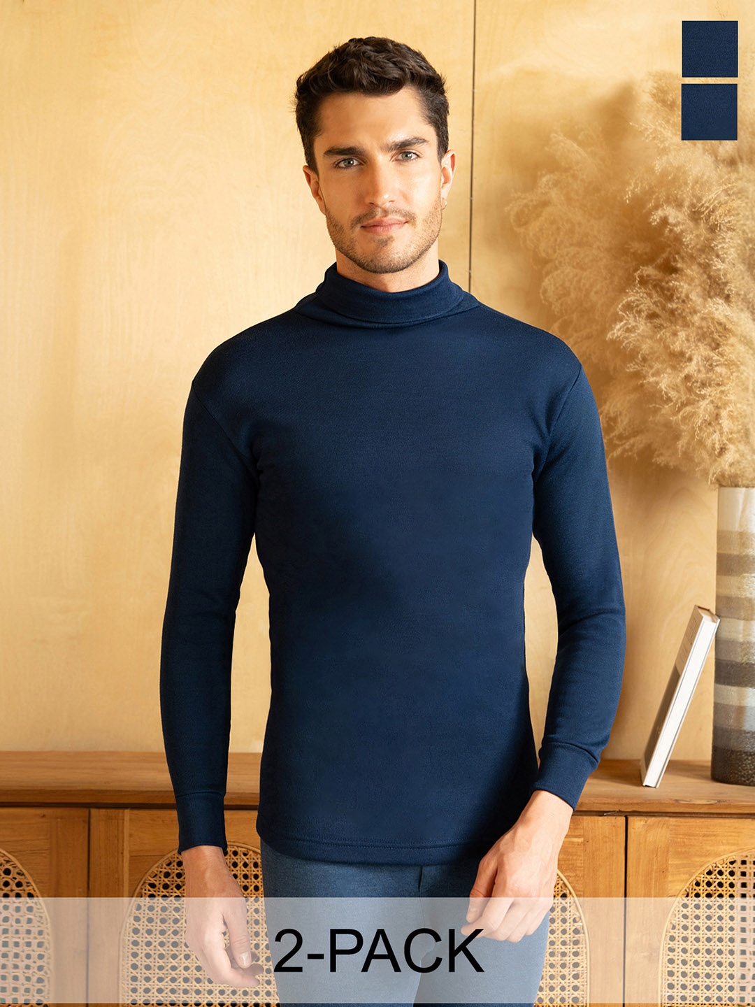

Lux Cottswool Pack Of 2 Turtle Neck Thermal Tops, Navy blue