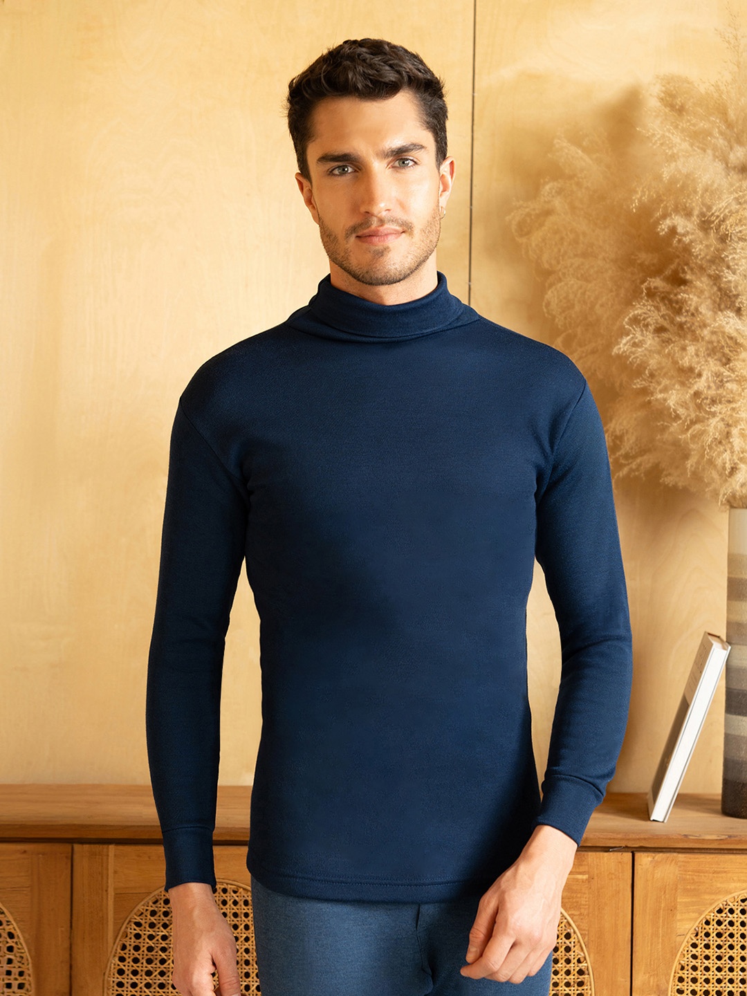 

Lux Cottswool Turtle Neck Ribbed Thermal Top, Navy blue