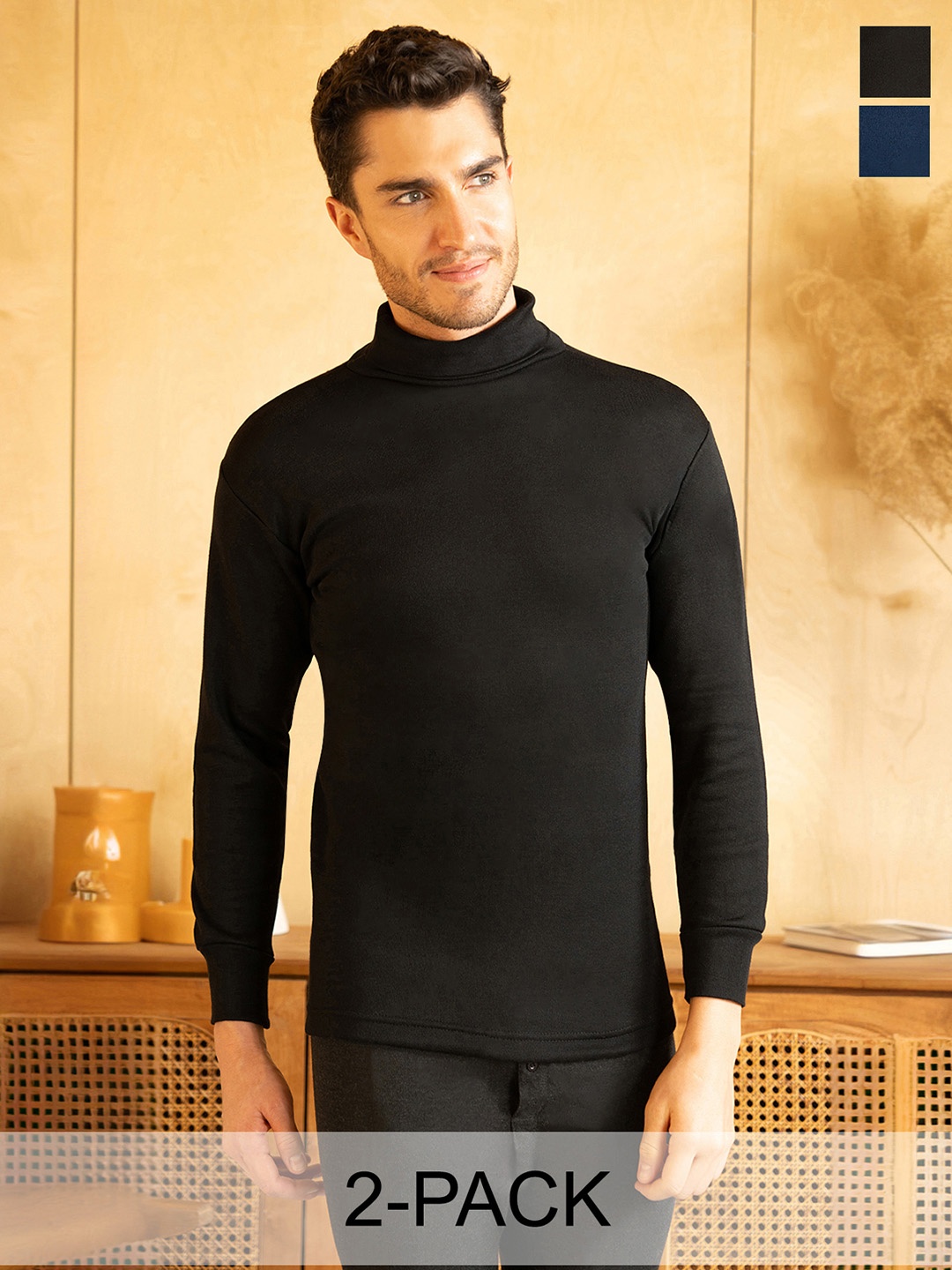 

Lux Cottswool Pack Of 2 Turtle Neck Thermal Tops, Black