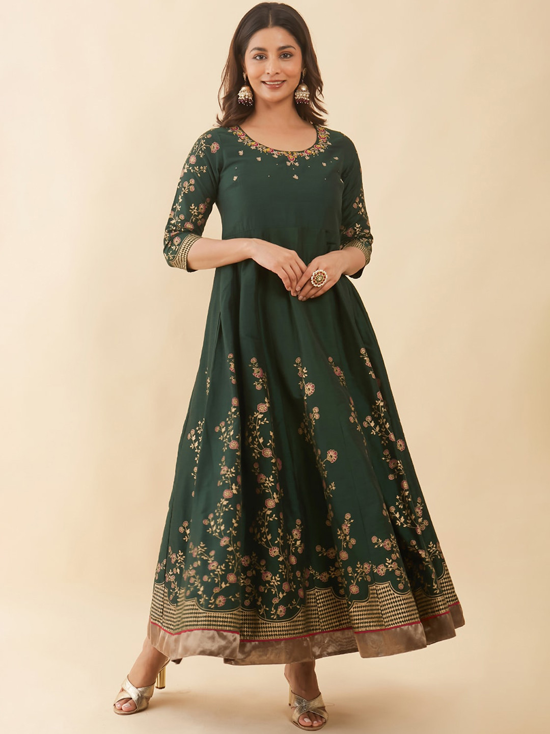 

Maybell Floral Embroidered Silk Anarkali Ethnic Dress, Green