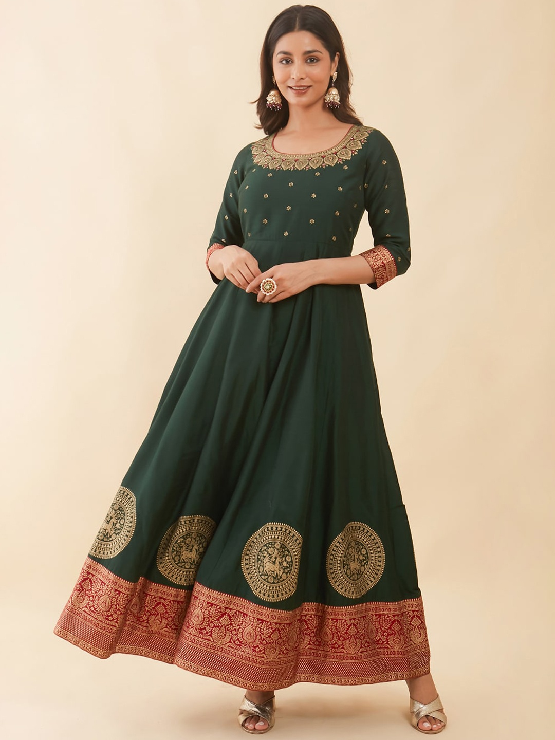 

Maybell Ethnic Motifs Printed Mirror Work Silk Slub Anarkali Ethnic Dress, Green