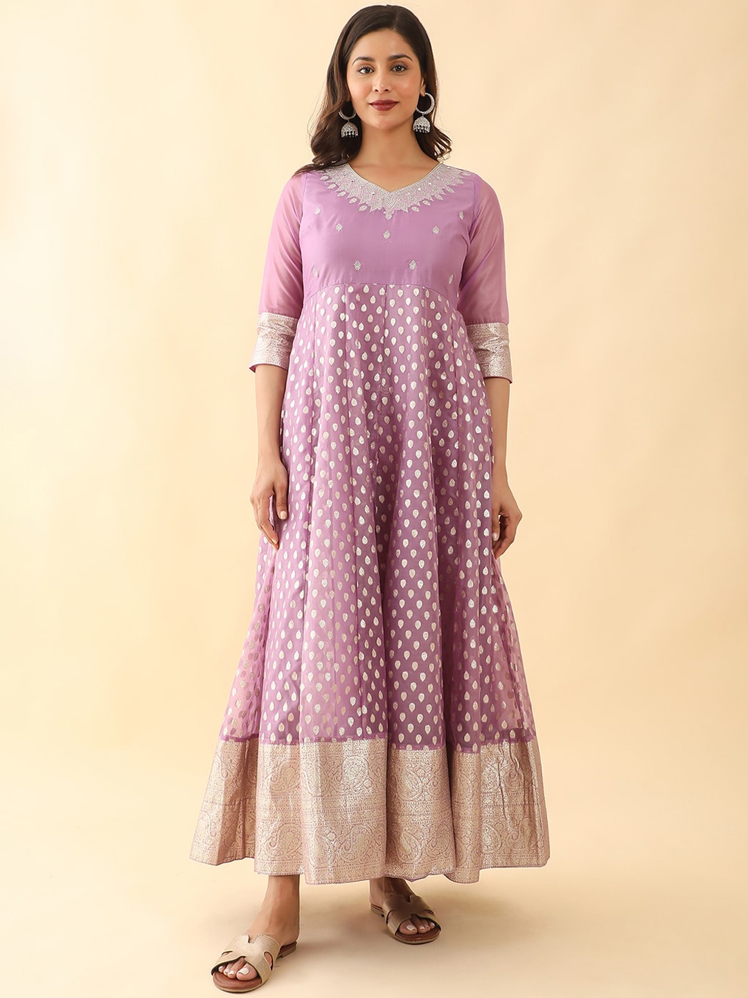 

Maybell Ethnic Motifs Woven Design Mirror Work Silk Anarkali Ethnic Dress, Purple