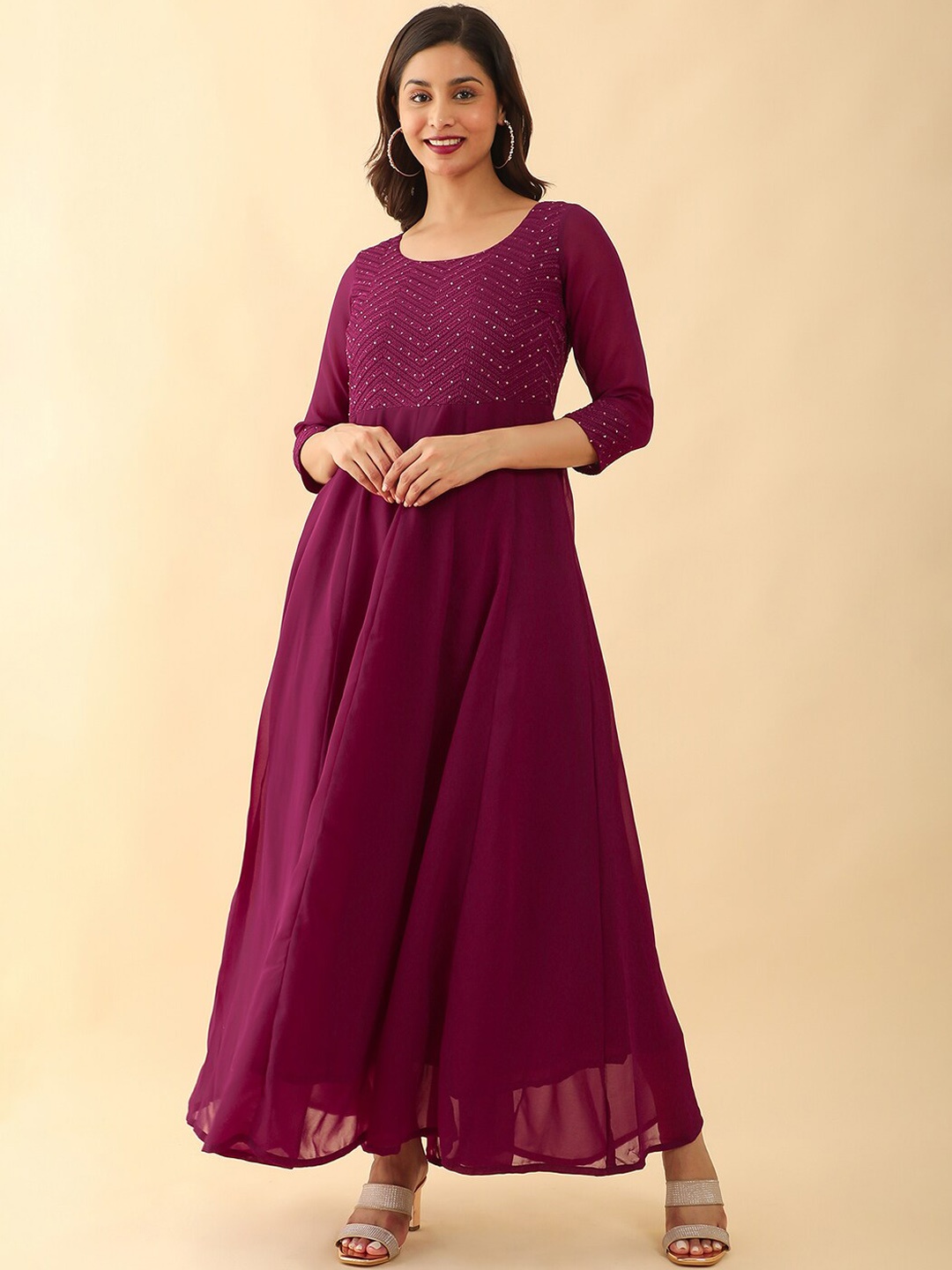 

Maybell Embroidered Round Neck Georgette Anarkali Ethnic Dress, Purple
