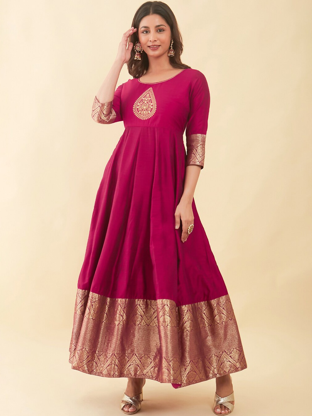 

Maybell Ethnic Motifs Printed Round Neck Silky Slub Anarkali Ethnic Dress, Magenta