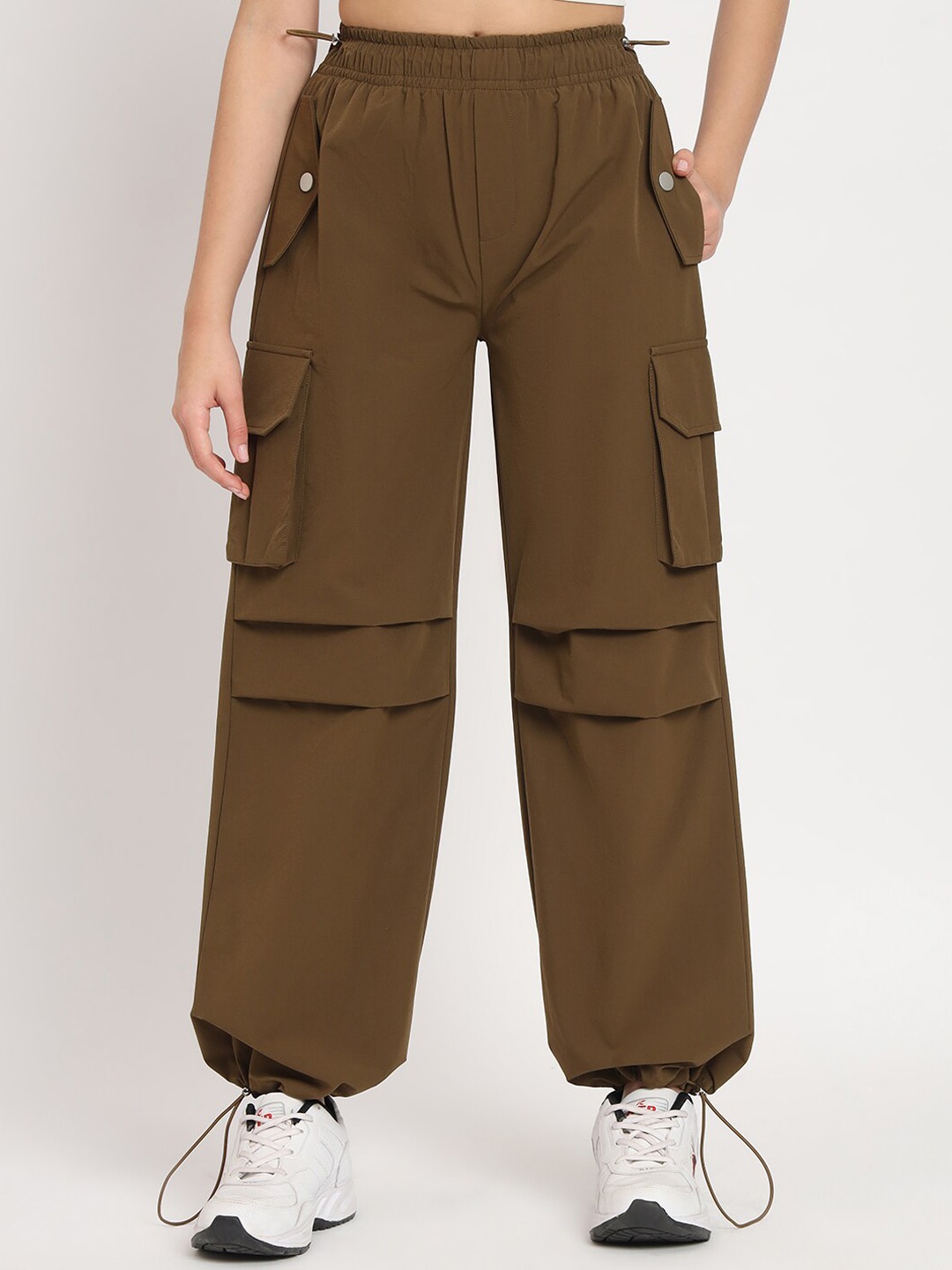 

VividArtsy Women Tapered Fit Parachute Joggers, Brown