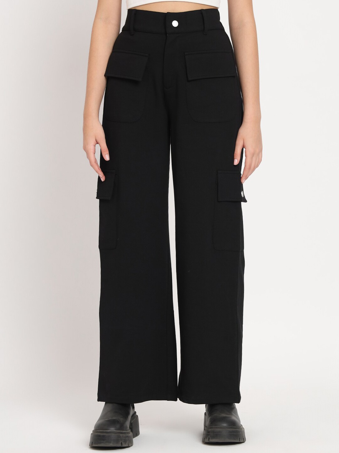 

VividArtsy Women Straight Fit Cotton Cargos Trousers, Black