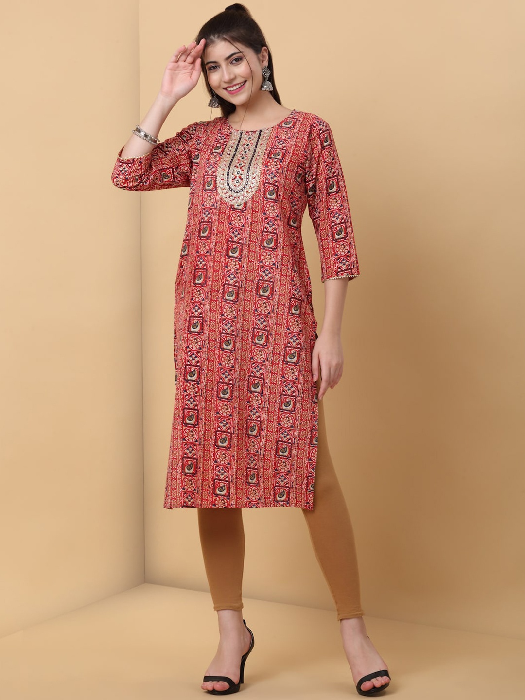 

RAISIN Ethnic Motifs Printed Cotton Mirror Work Straight Kurta, Red