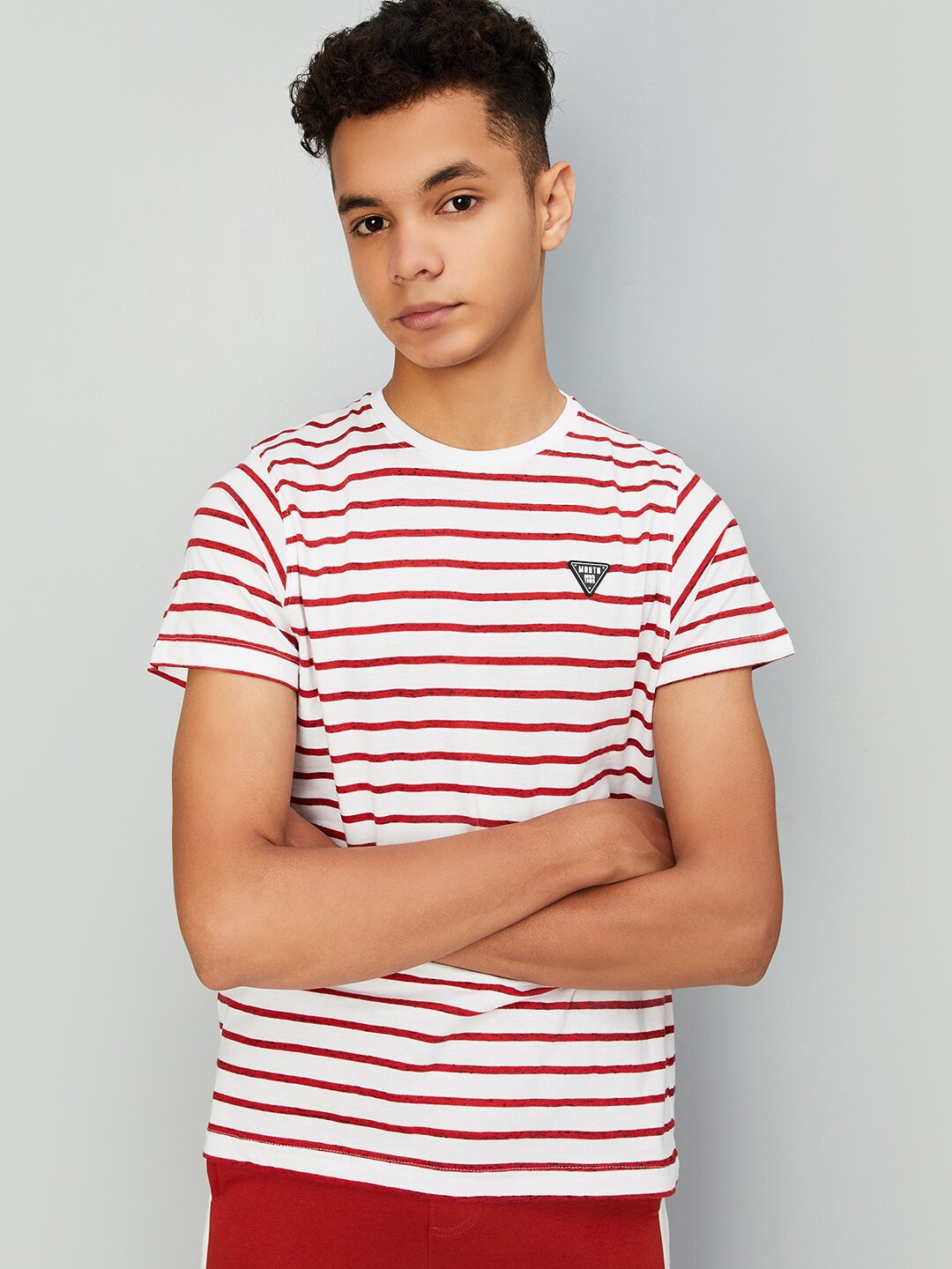 

max Boys Striped Round Neck Pure Cotton T-shirt, White
