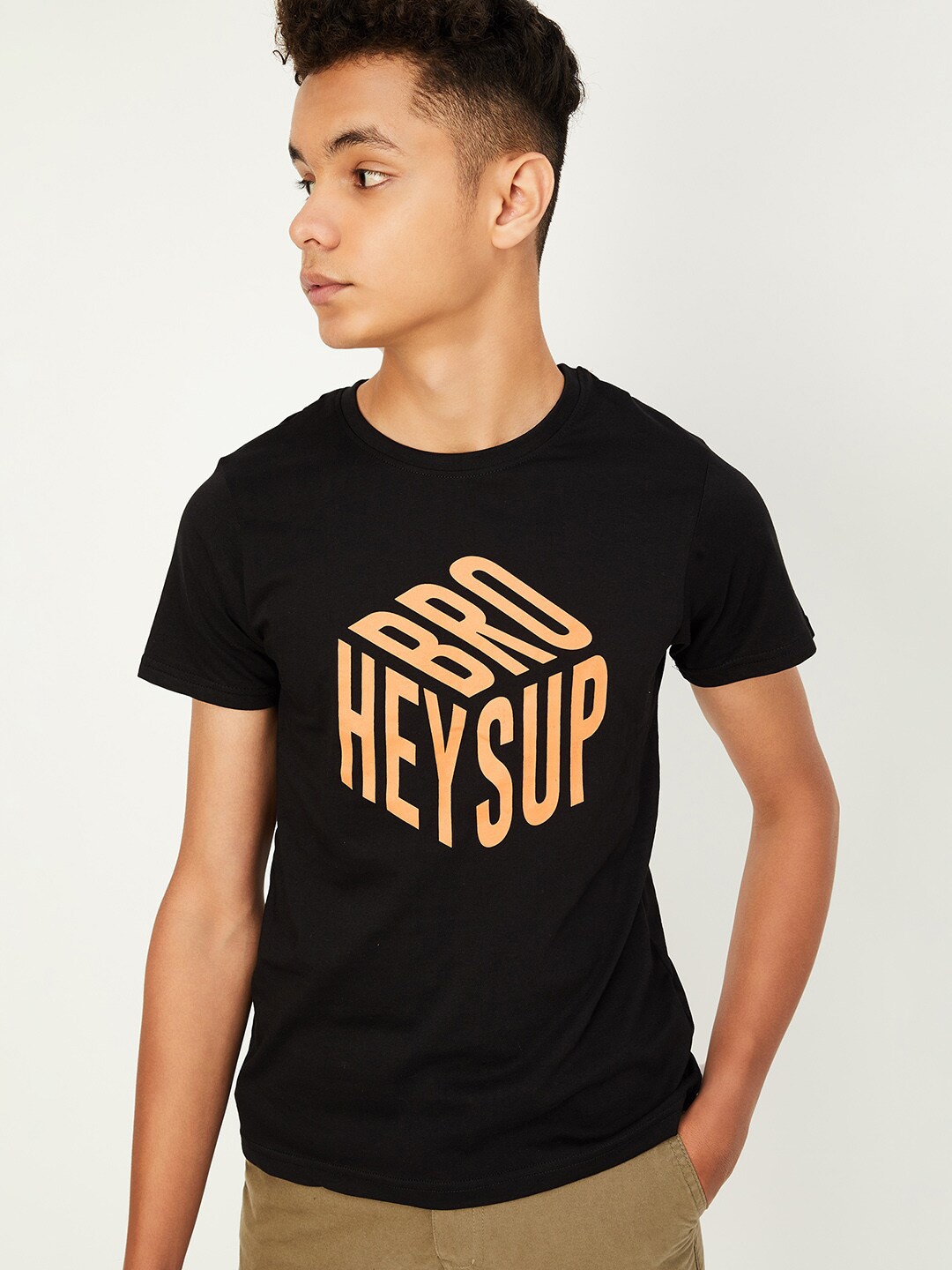 

max Boys Typographic Printed Pure Cotton T-shirt, Black