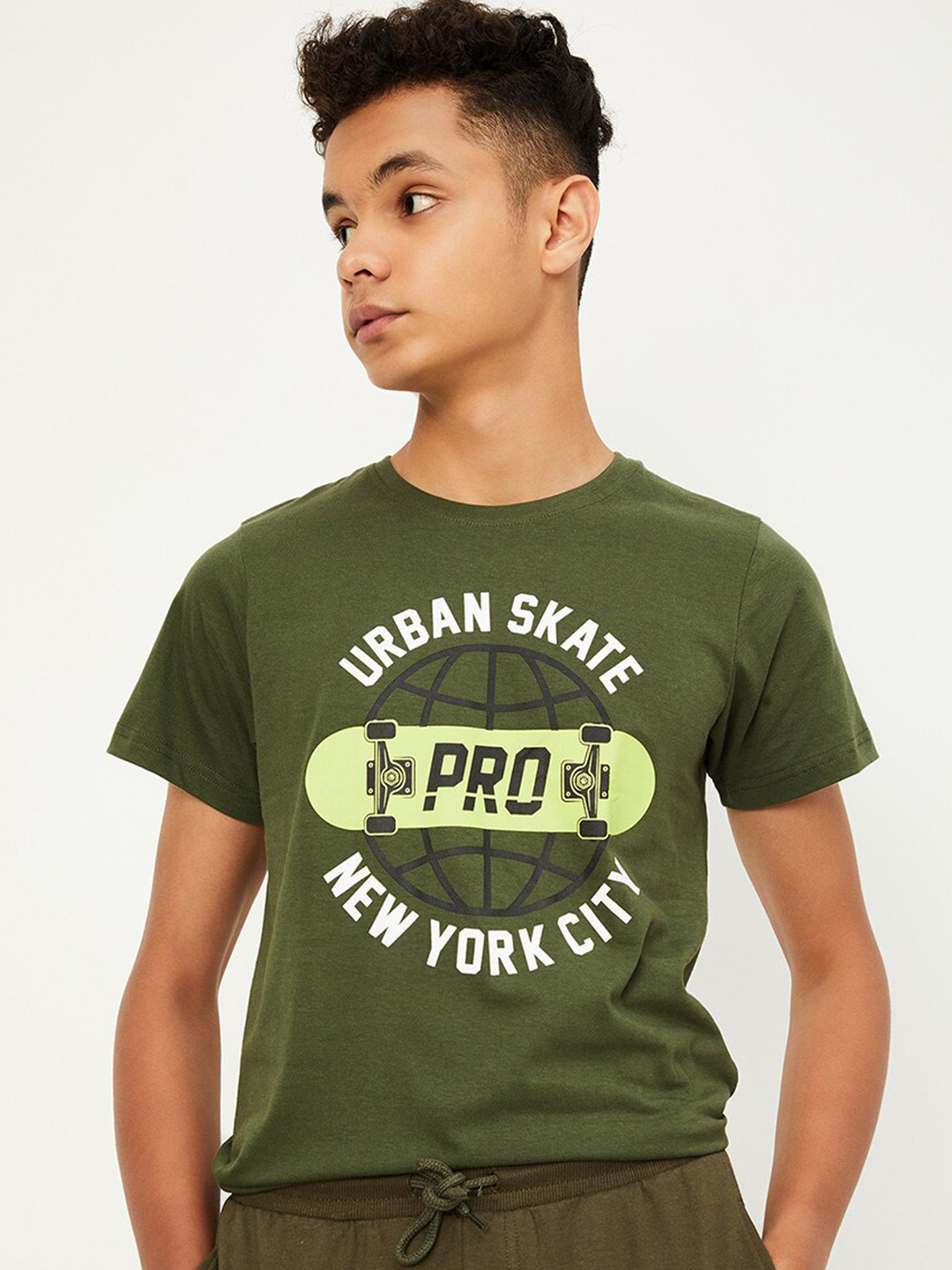 

max Boys Typography Printed Pure Cotton T-shirt, Green