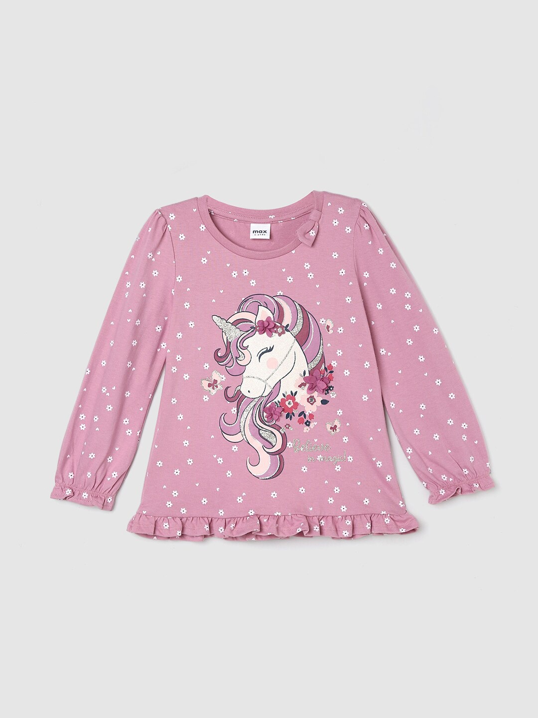

max Infants Girls Unicorn Printed Pure Cotton T-shirt, Pink