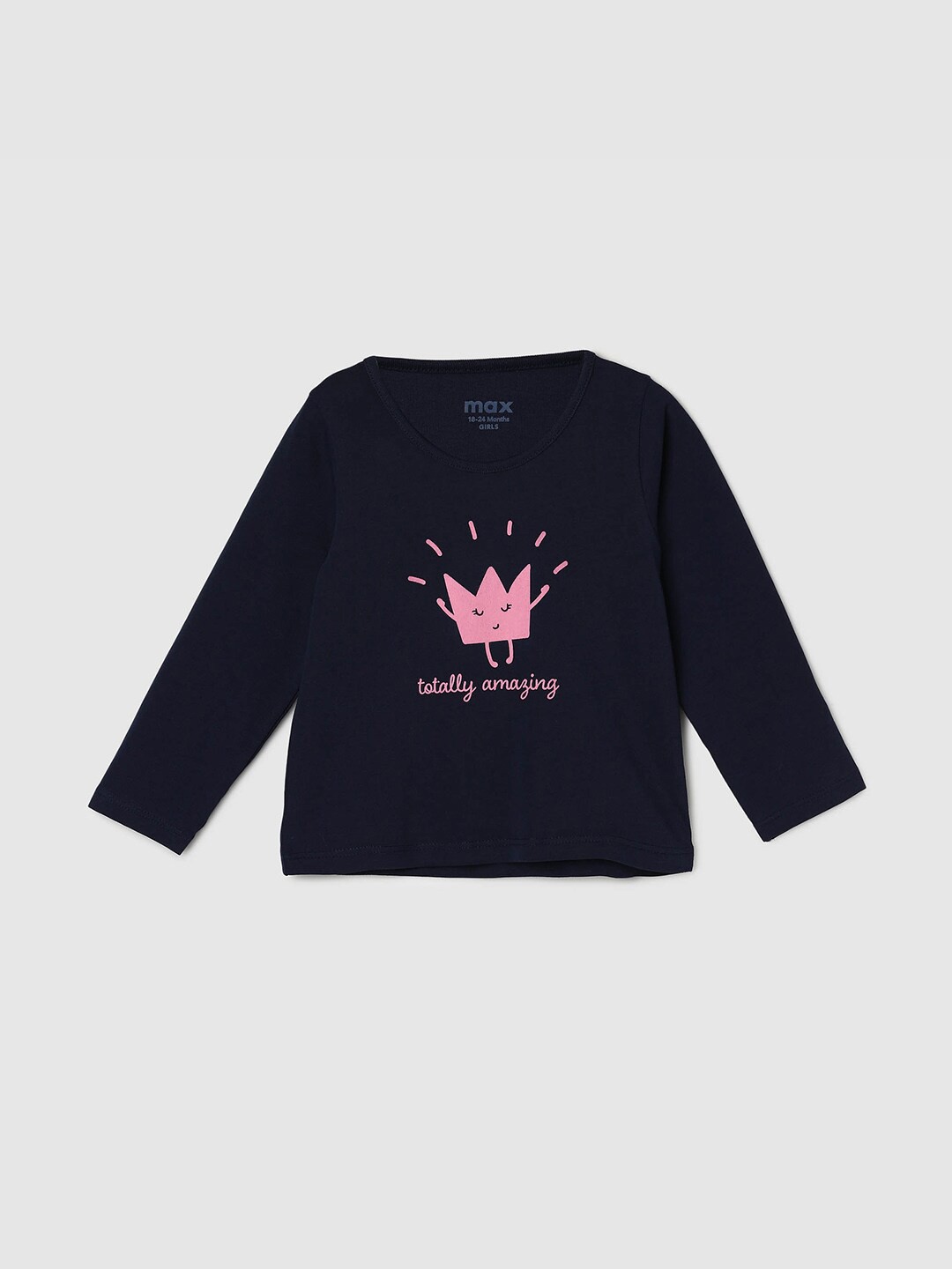 

max Girls Typography Printed Pure Cotton T-shirt, Navy blue