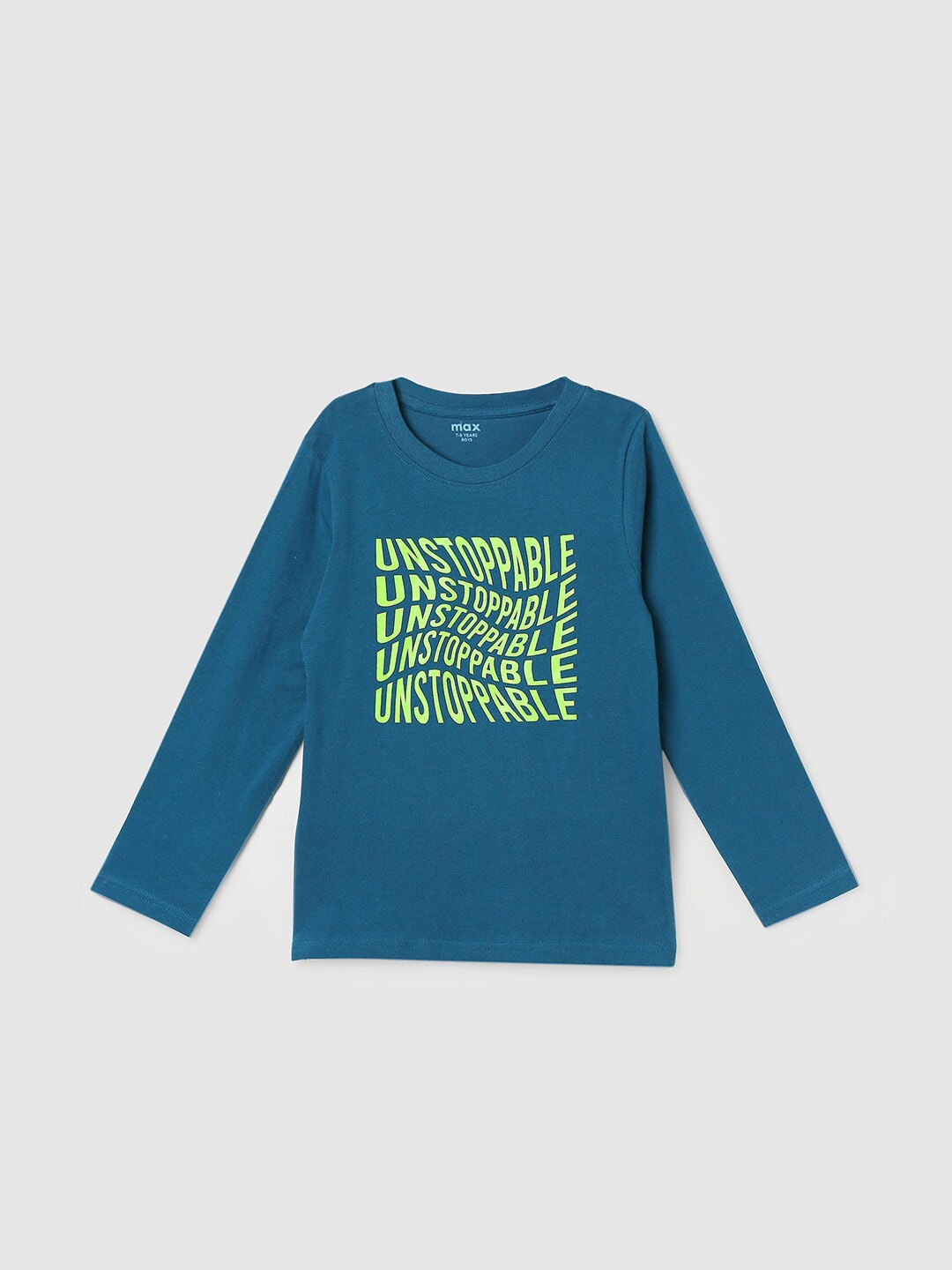 

max Boys Typography Printed Pure Cotton T-shirt, Blue
