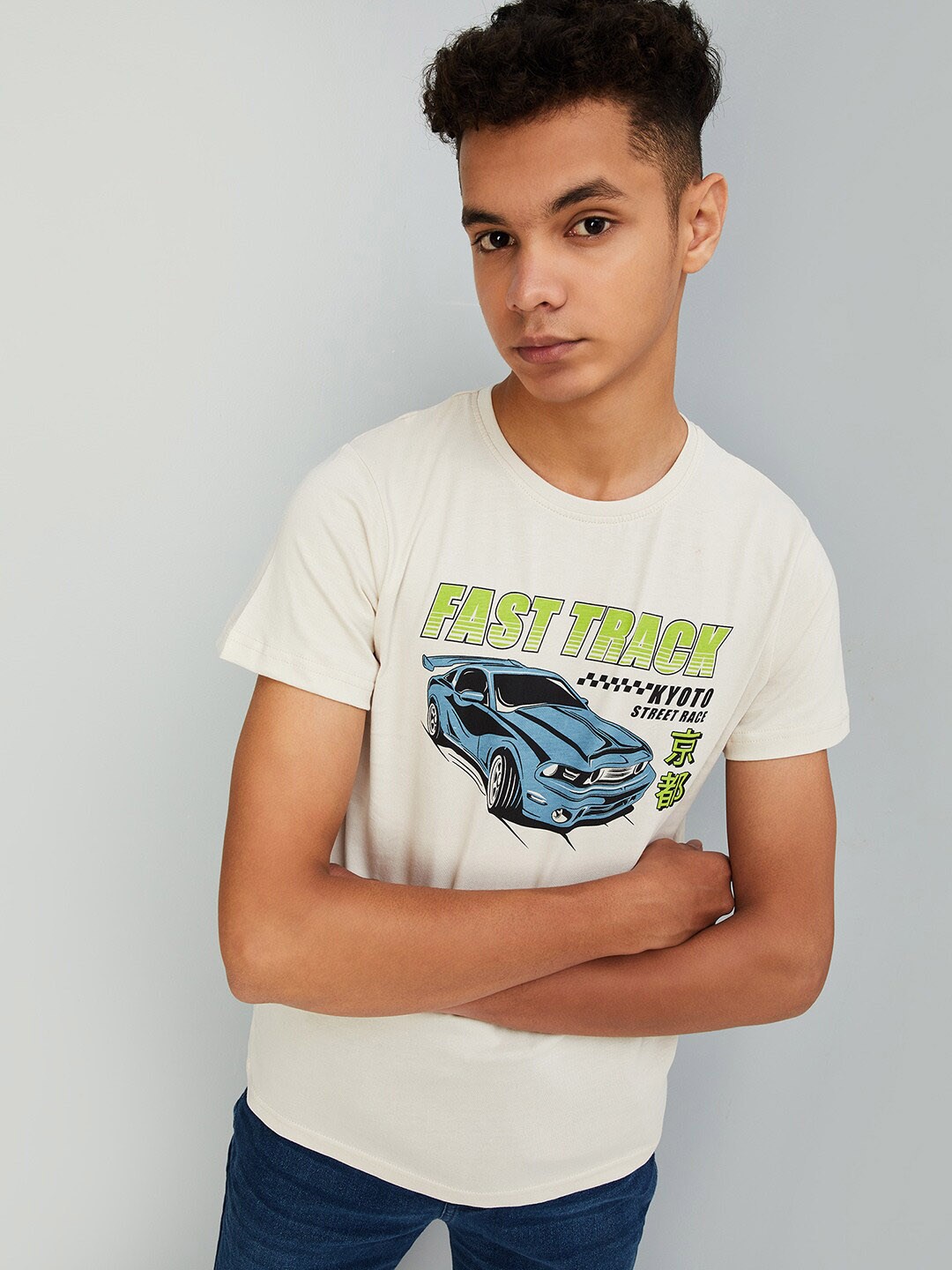 

max Boys Typography Printed Pure Cotton T-shirt, Cream
