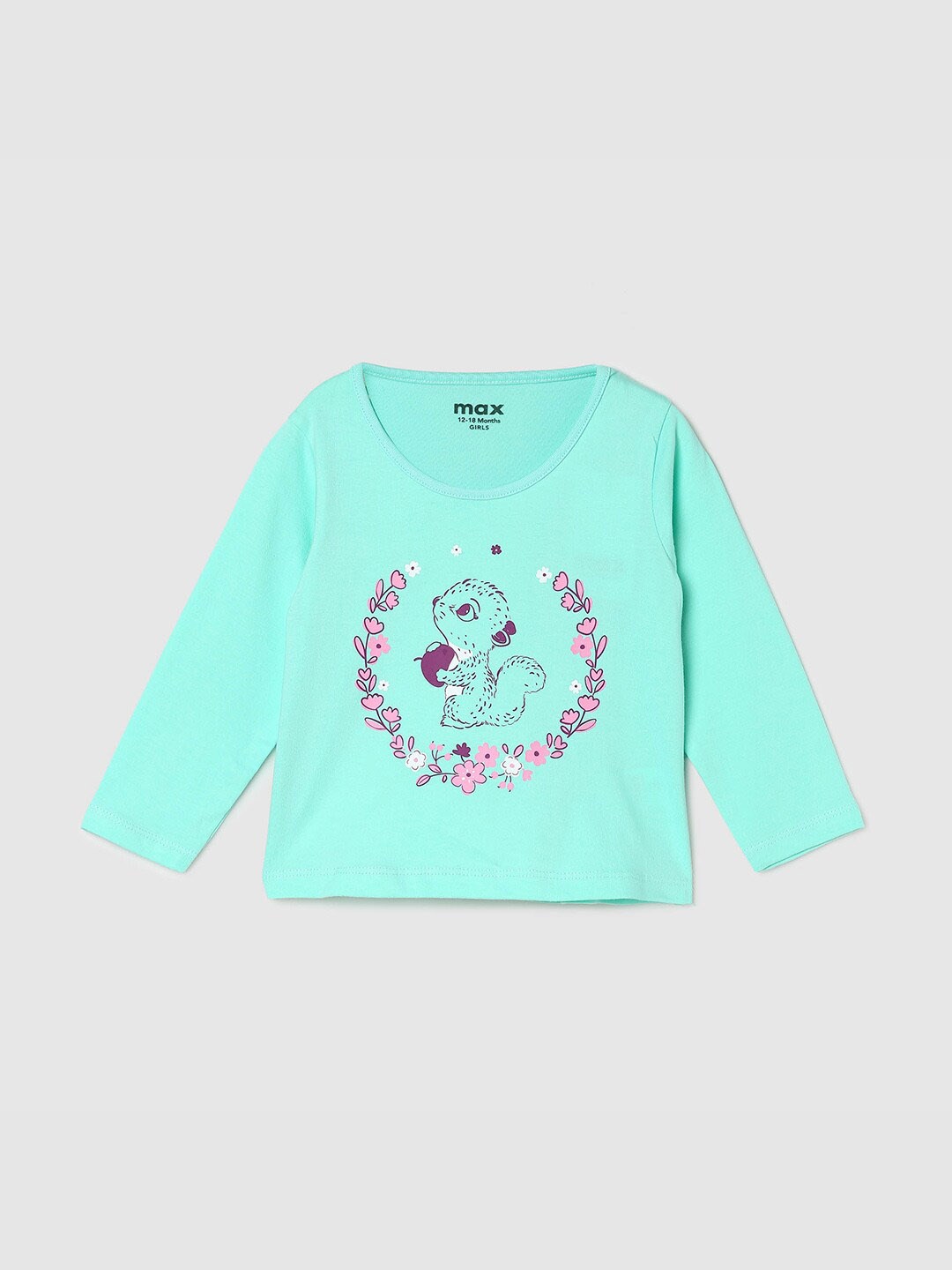 max Girls Graphic Printed Round Neck Pure Cotton T-shirt, Green