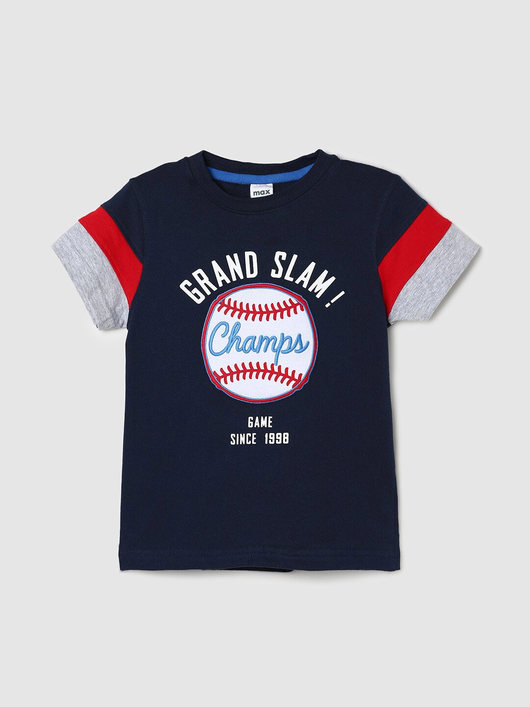 

max Boys Typography Printed Round Neck Pure Cotton T-shirt, Navy blue