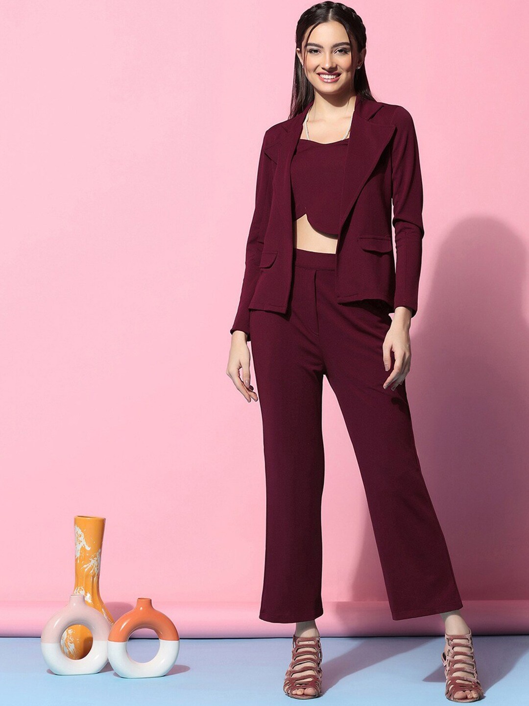 

Ziva Fashion V-Neck Top & Flared Trouser With Blazer, Maroon